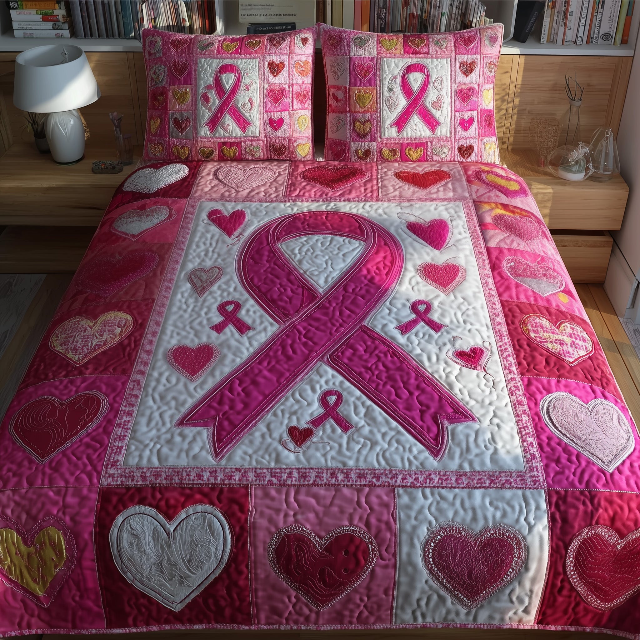 Breast Cancer Quilted Bedding Set Anniversary Gift