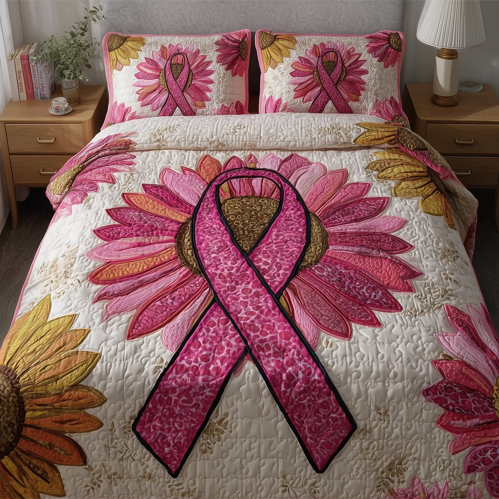 Breast Cancer Quilted Bedding Set Birthday Gift