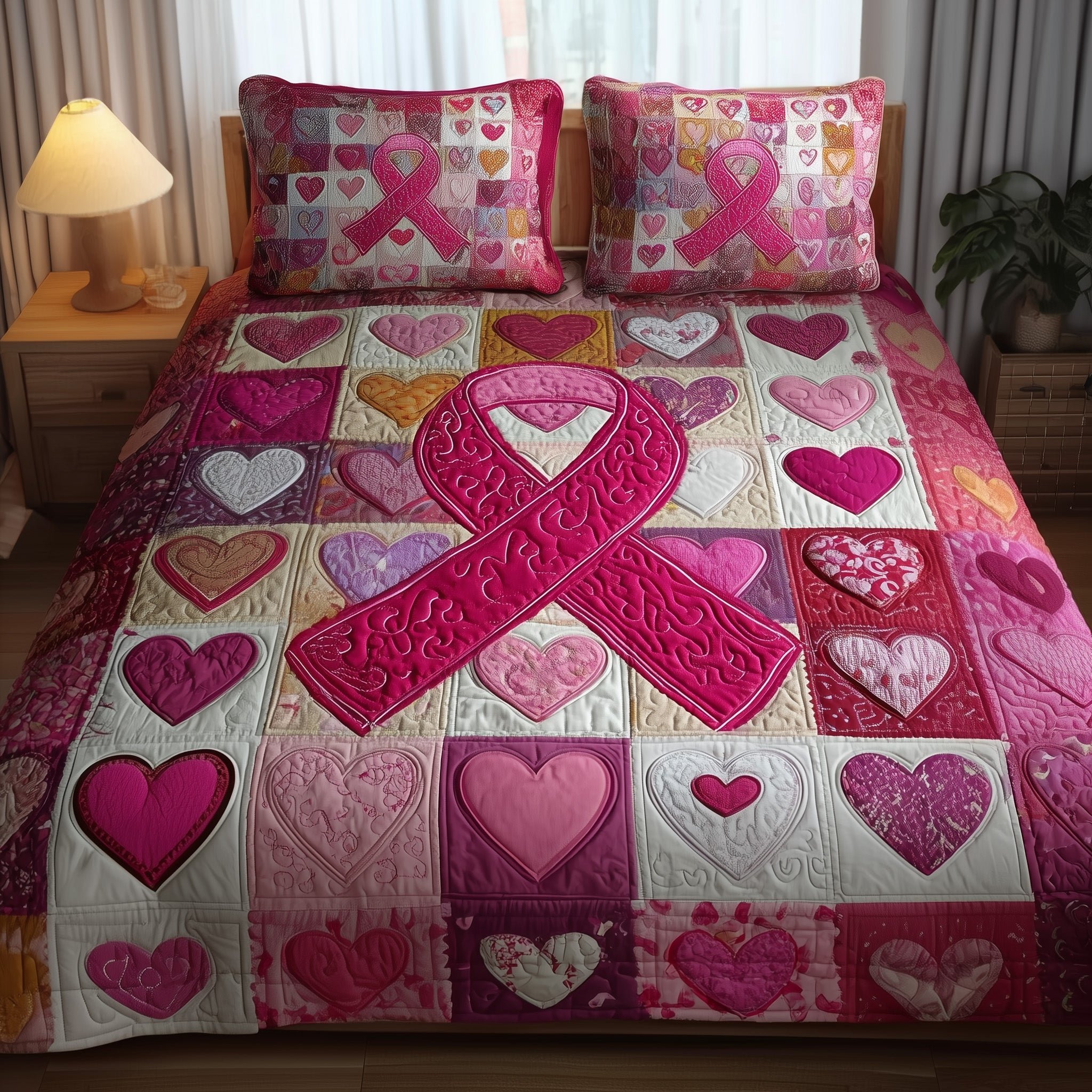 Breast Cancer Quilted Bedding Set Cotton Sateen