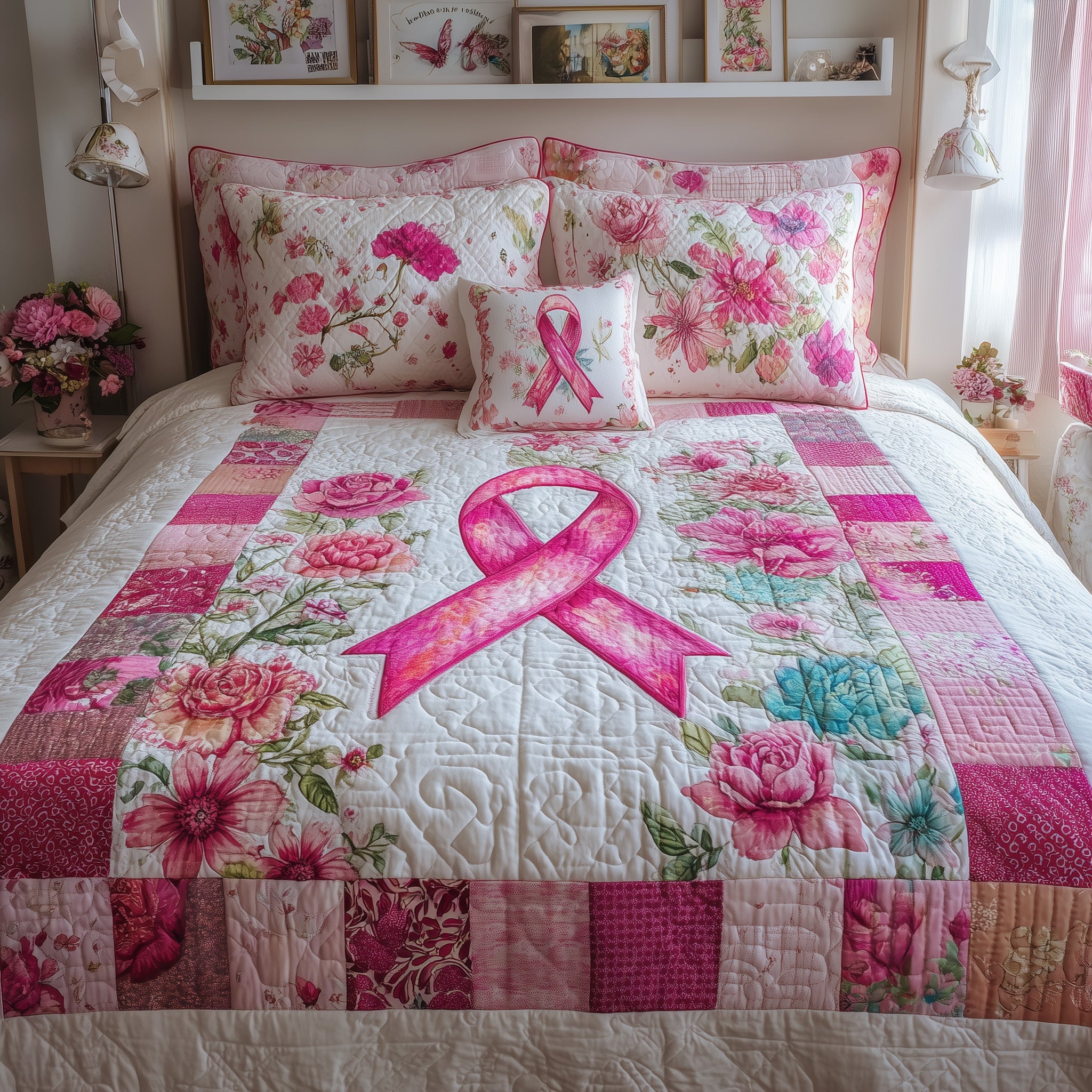 Breast Cancer Quilted Bedding Set Duvet Cover Bedspread Breast Cancer Gifts