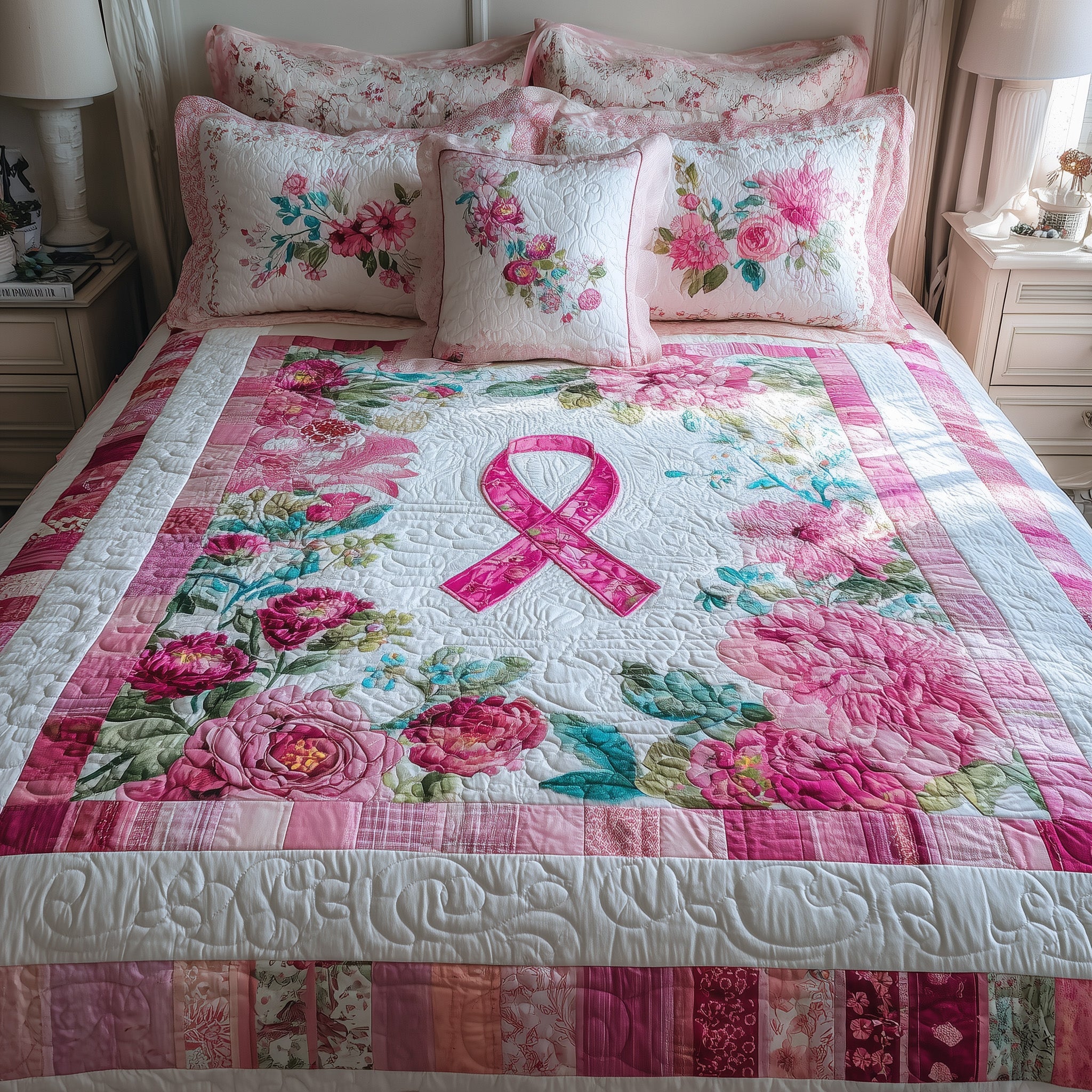 Breast Cancer Quilted Bedding Set Duvet Cover Bedspread Cancer Survivor Gifts For Her