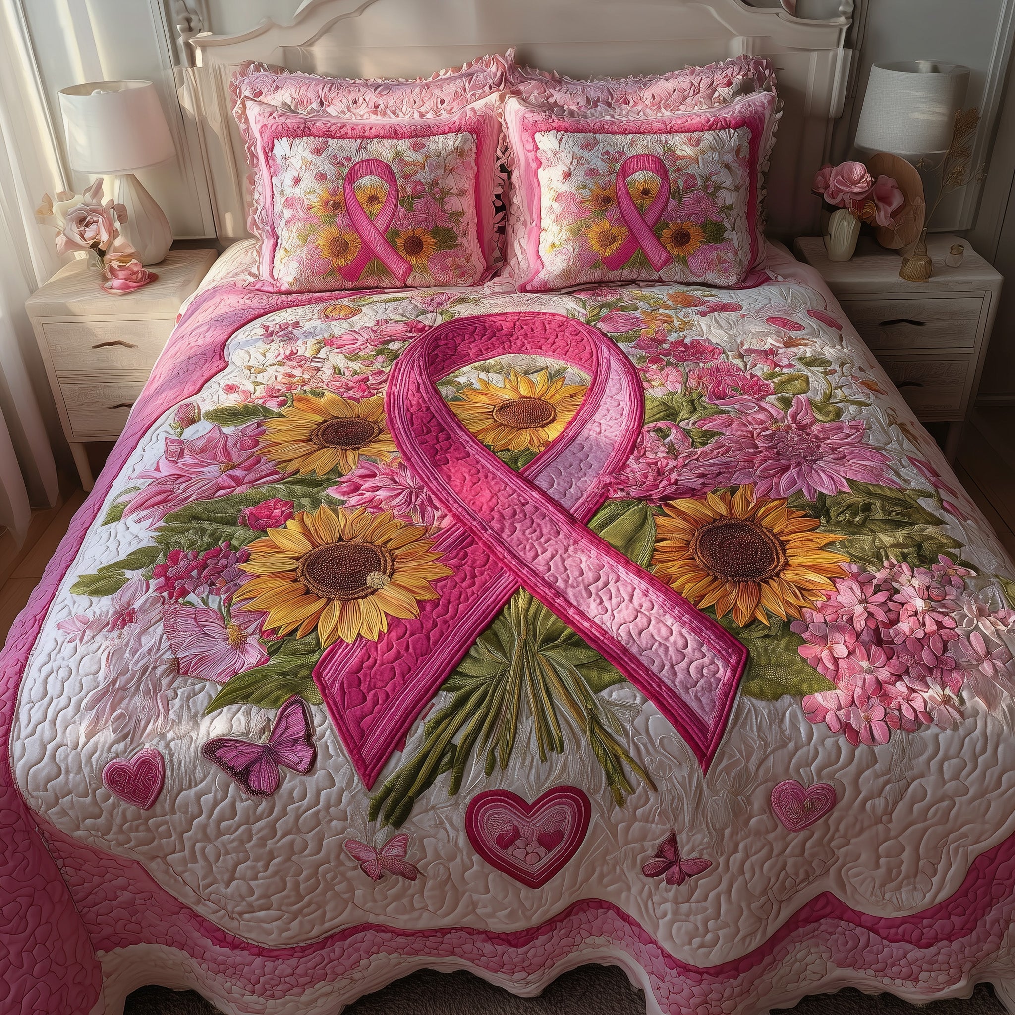 Breast Cancer Quilted Bedding Set Duvet Cover Bedspread Gift For Cancer Survivors