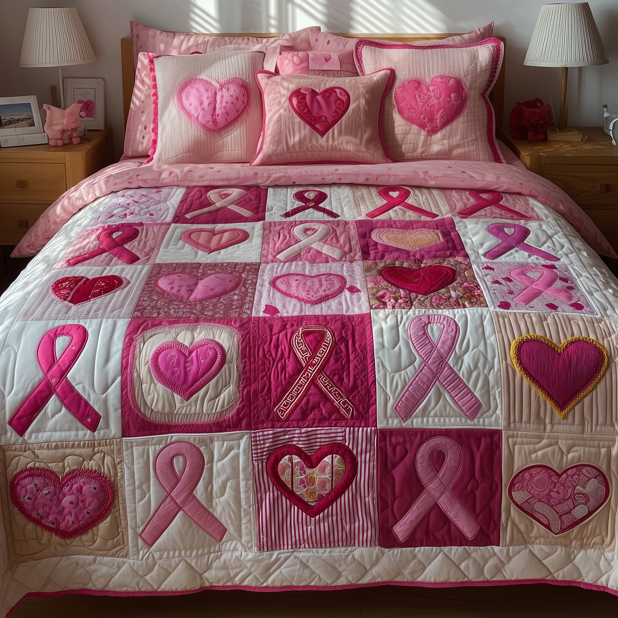 Breast Cancer Quilted Bedding Set Duvet Cover Bedspread Gift Ideas For Cancer Patients