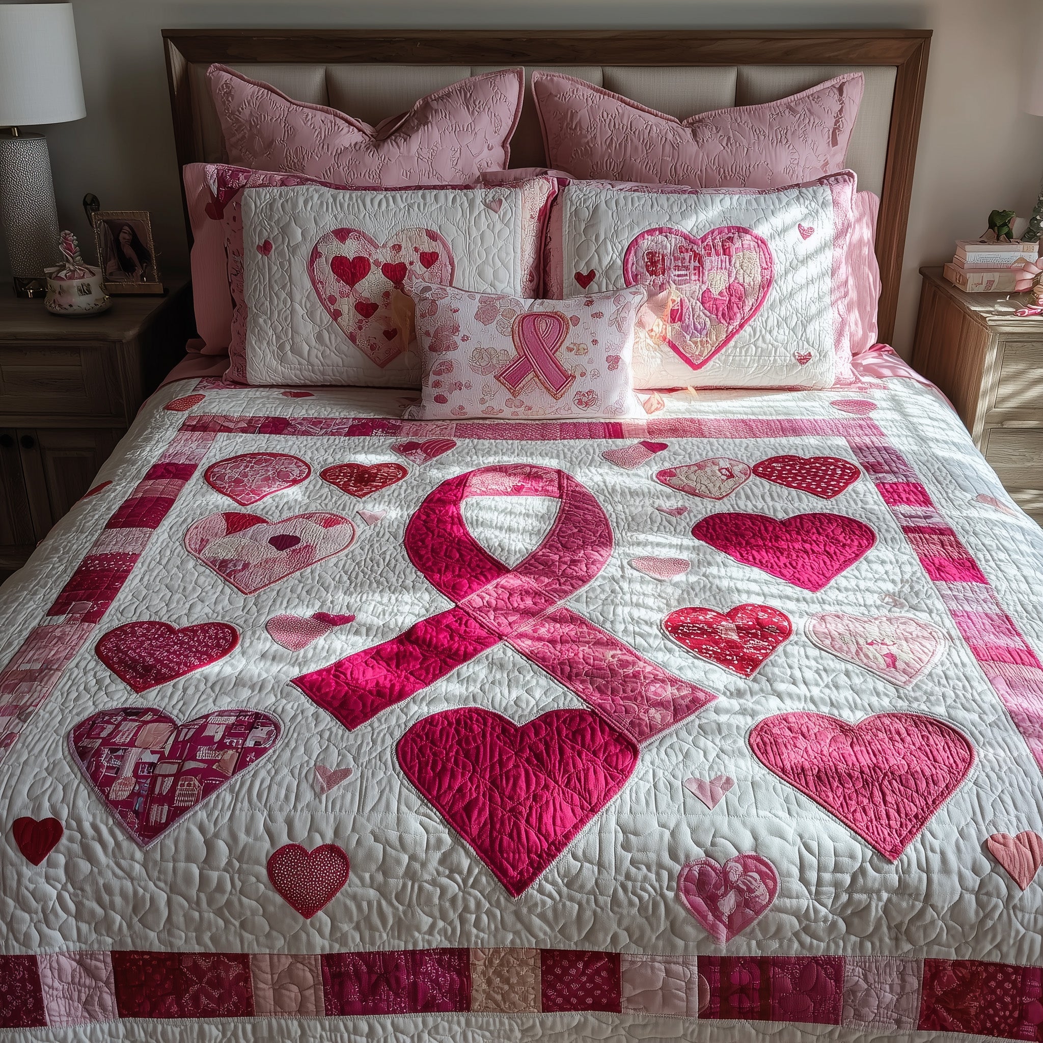 Breast Cancer Quilted Bedding Set Duvet Cover Bedspread Gifts For Breast Cancer Patients