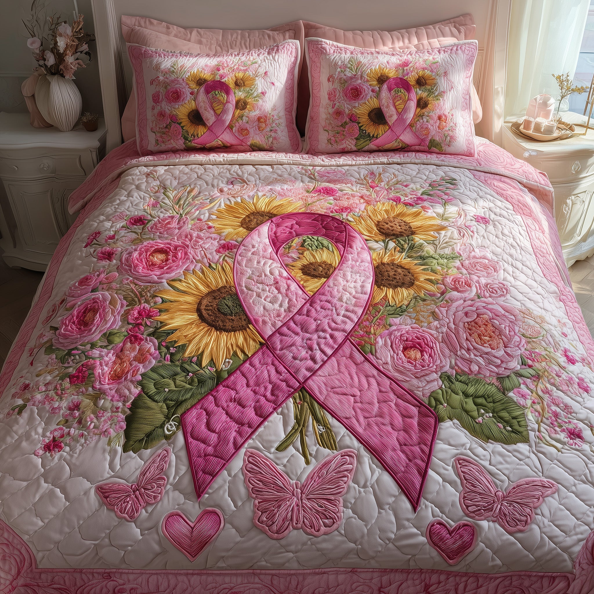 Breast Cancer Quilted Bedding Set Duvet Cover Bedspread Gifts For Cancer Patients