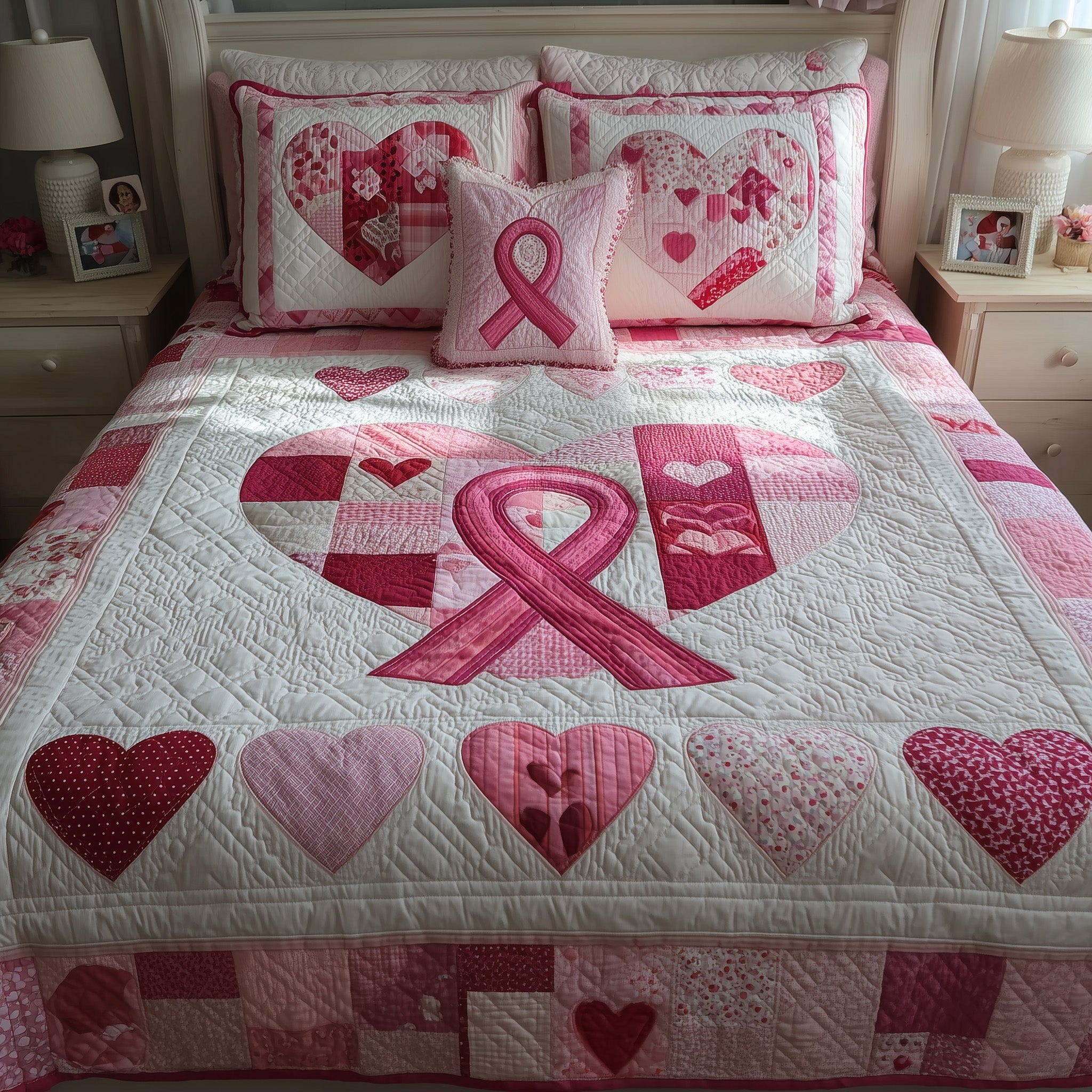 Breast Cancer Quilted Bedding Set Duvet Cover Bedspread Gifts For Cancer Patients Female