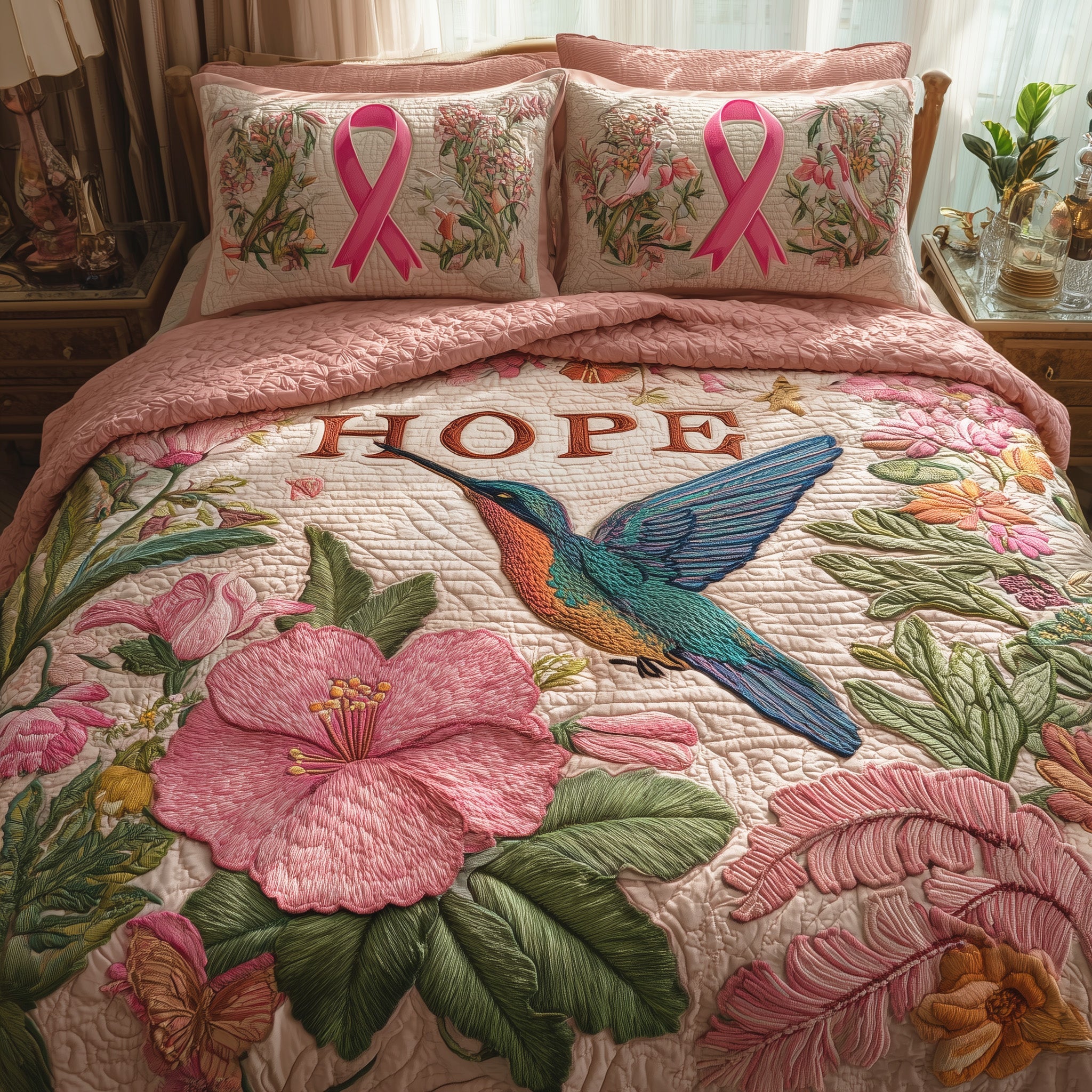 Breast Cancer Quilted Bedding Set Modern Design