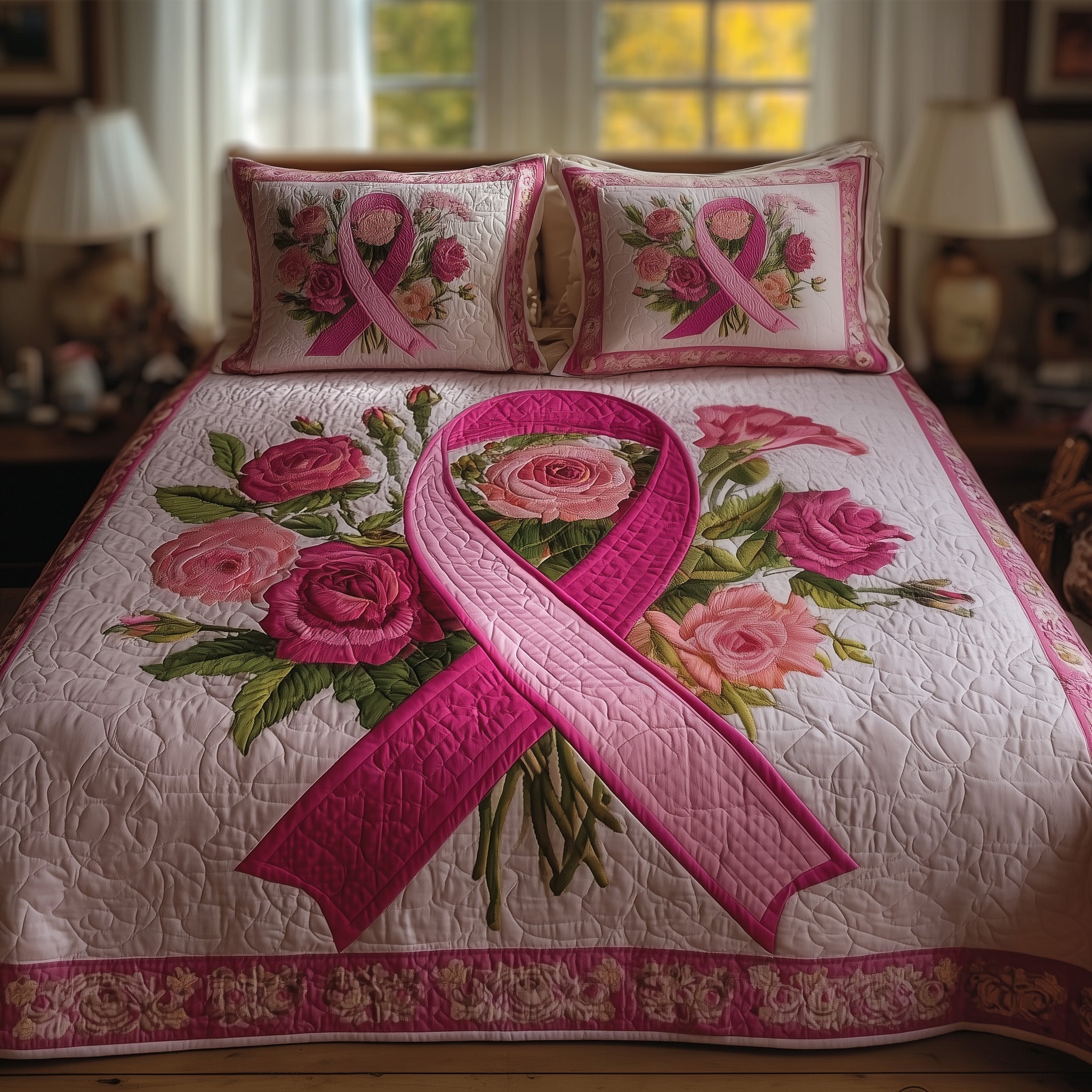 Breast Cancer Quilted Bedding Set New Home Gift
