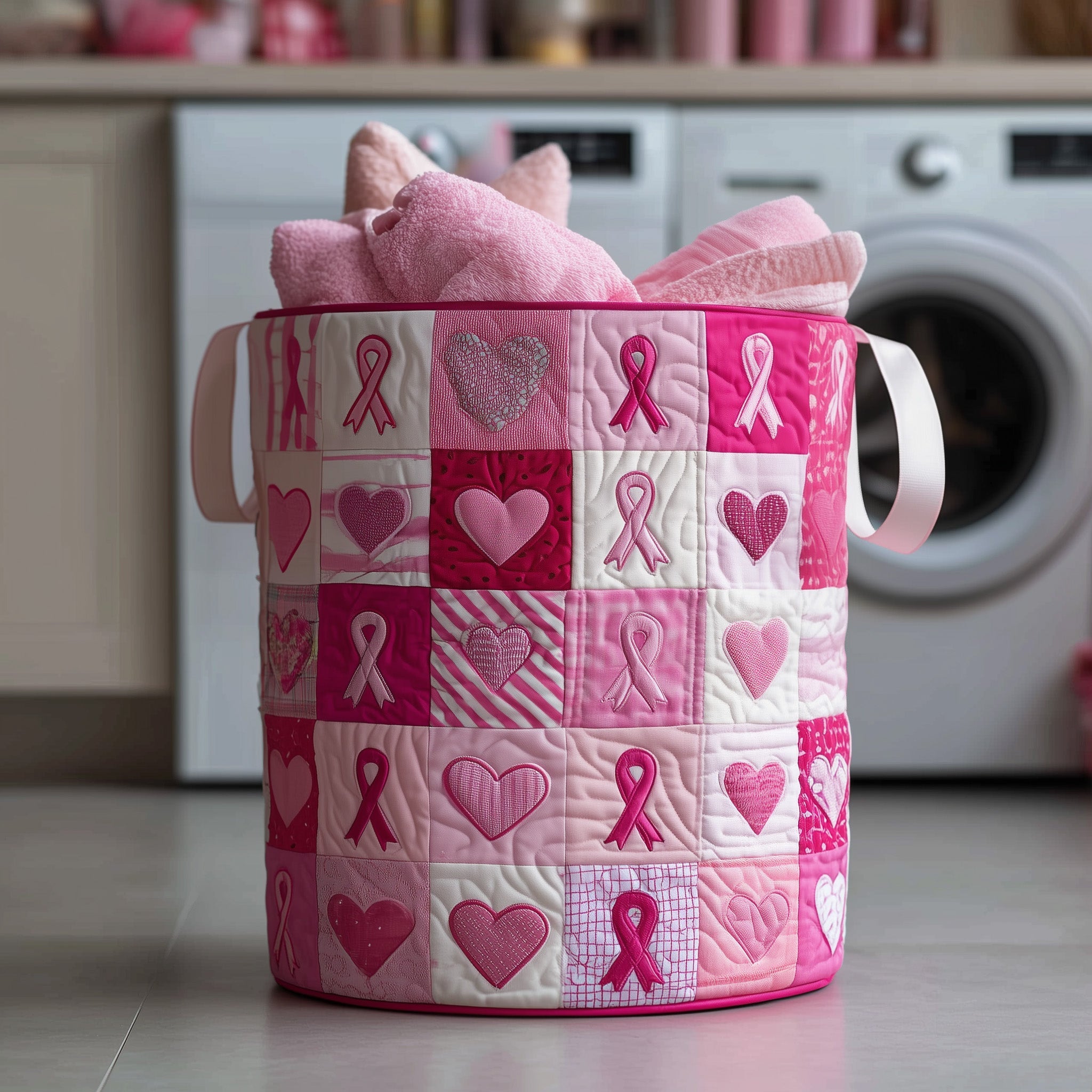 Breast Cancer Quilted Laundry Basket Pink Ribbon Storage Gifts For Her