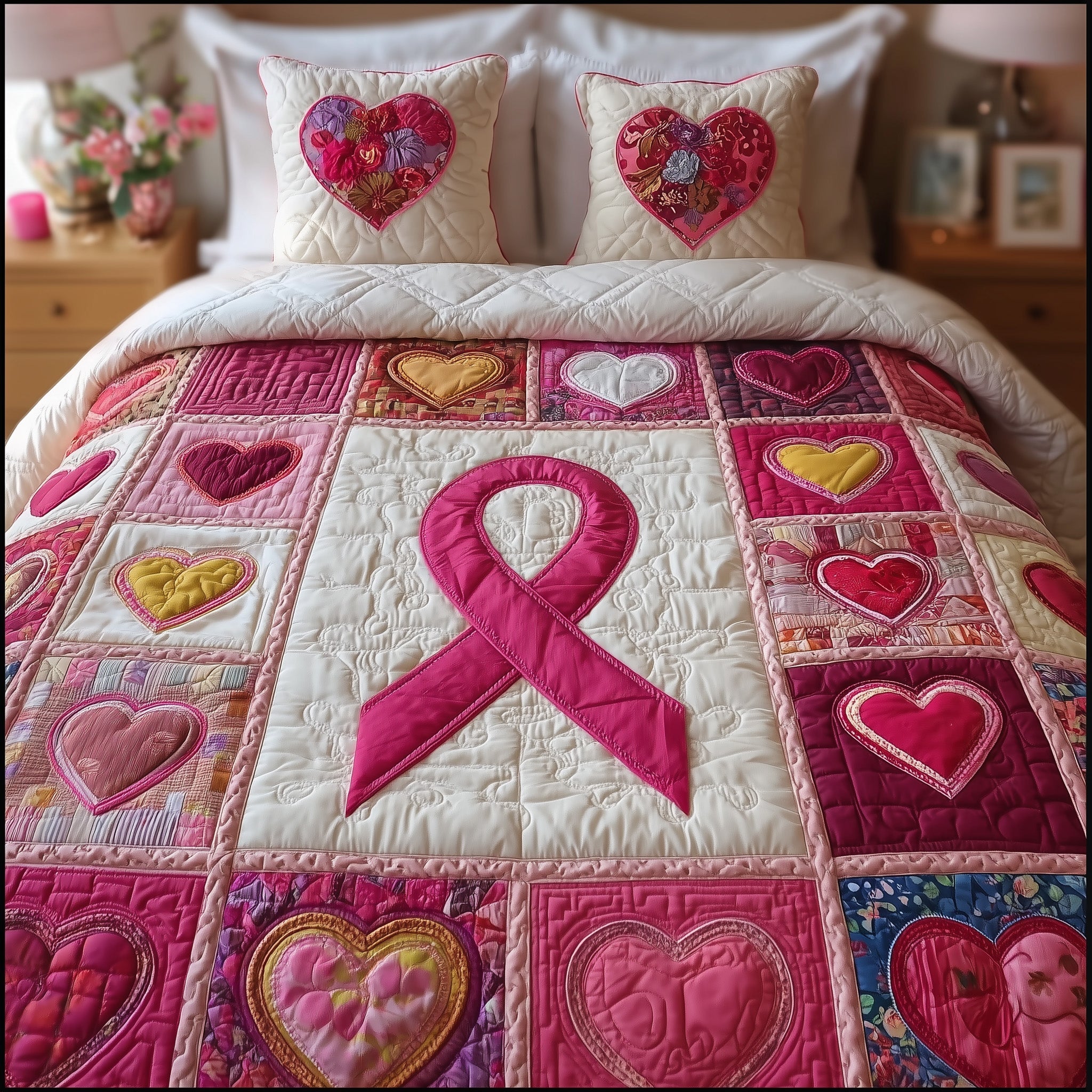 Breast Cancer Ribbon Quilted Bedding Set Classic Style