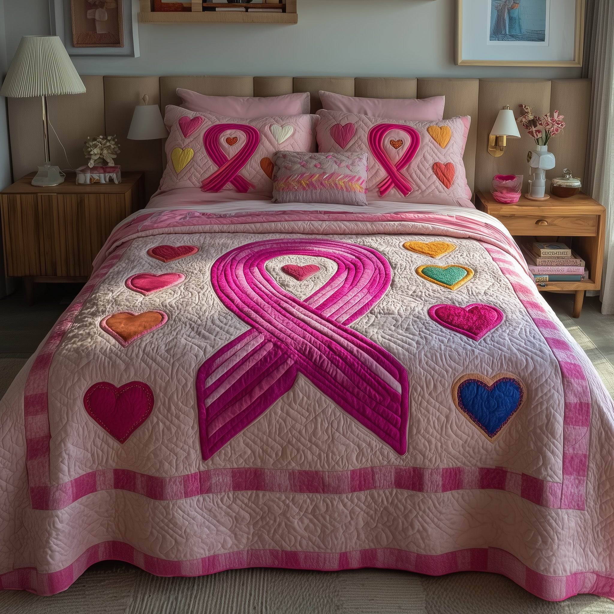 Breast Cancer Ribbon Quilted Bedding Set Duvet Cover Bedspread Best Gifts For Cancer Patients