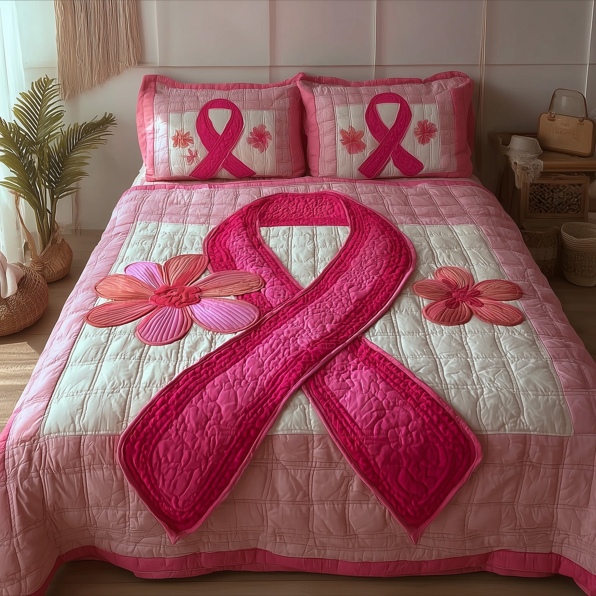 Breast Cancer Ribbon Quilted Bedding Set Duvet Cover Bedspread Cancer Survivor Gifts