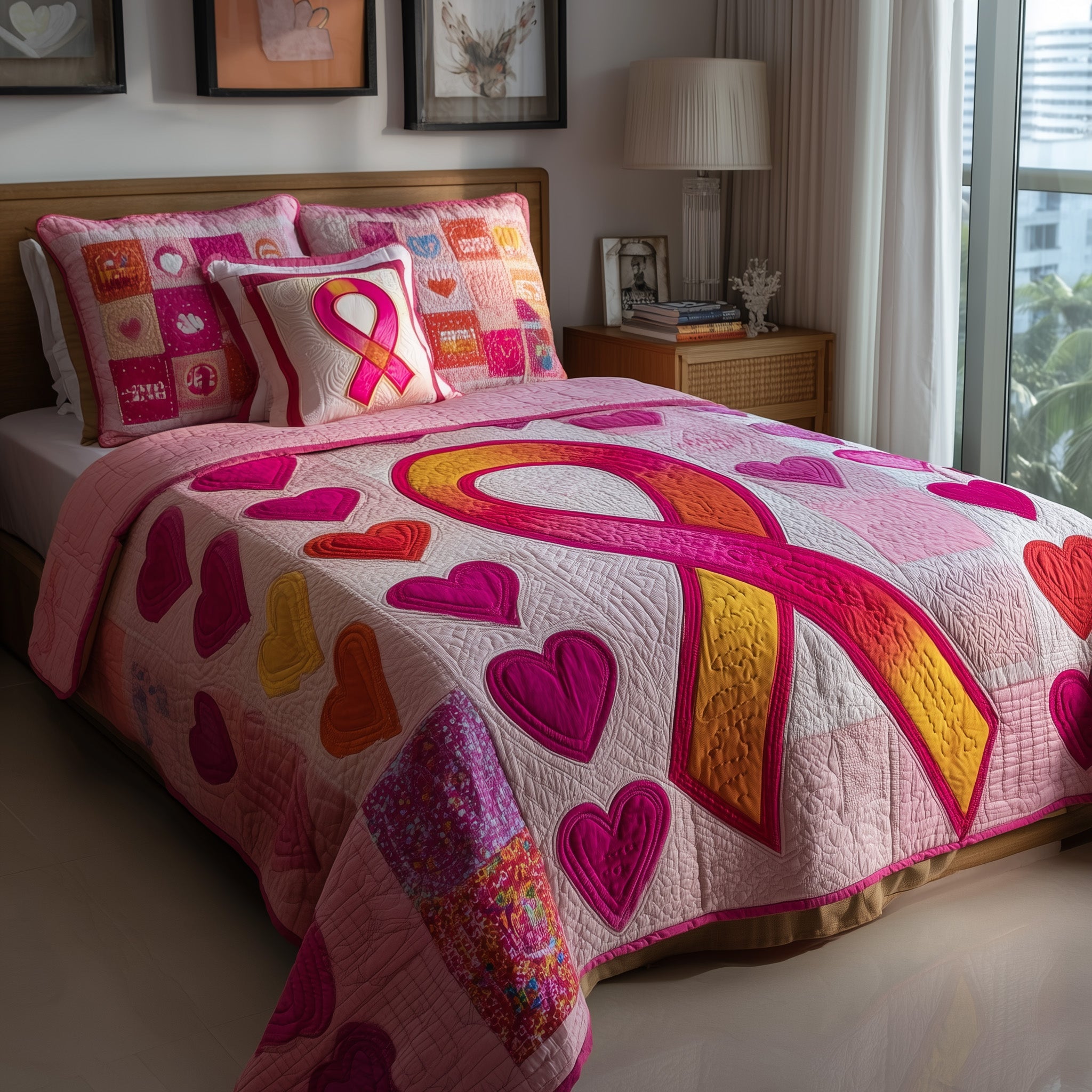 Breast Cancer Ribbon Quilted Bedding Set Duvet Cover Bedspread Gifts For Cancer Patients Male