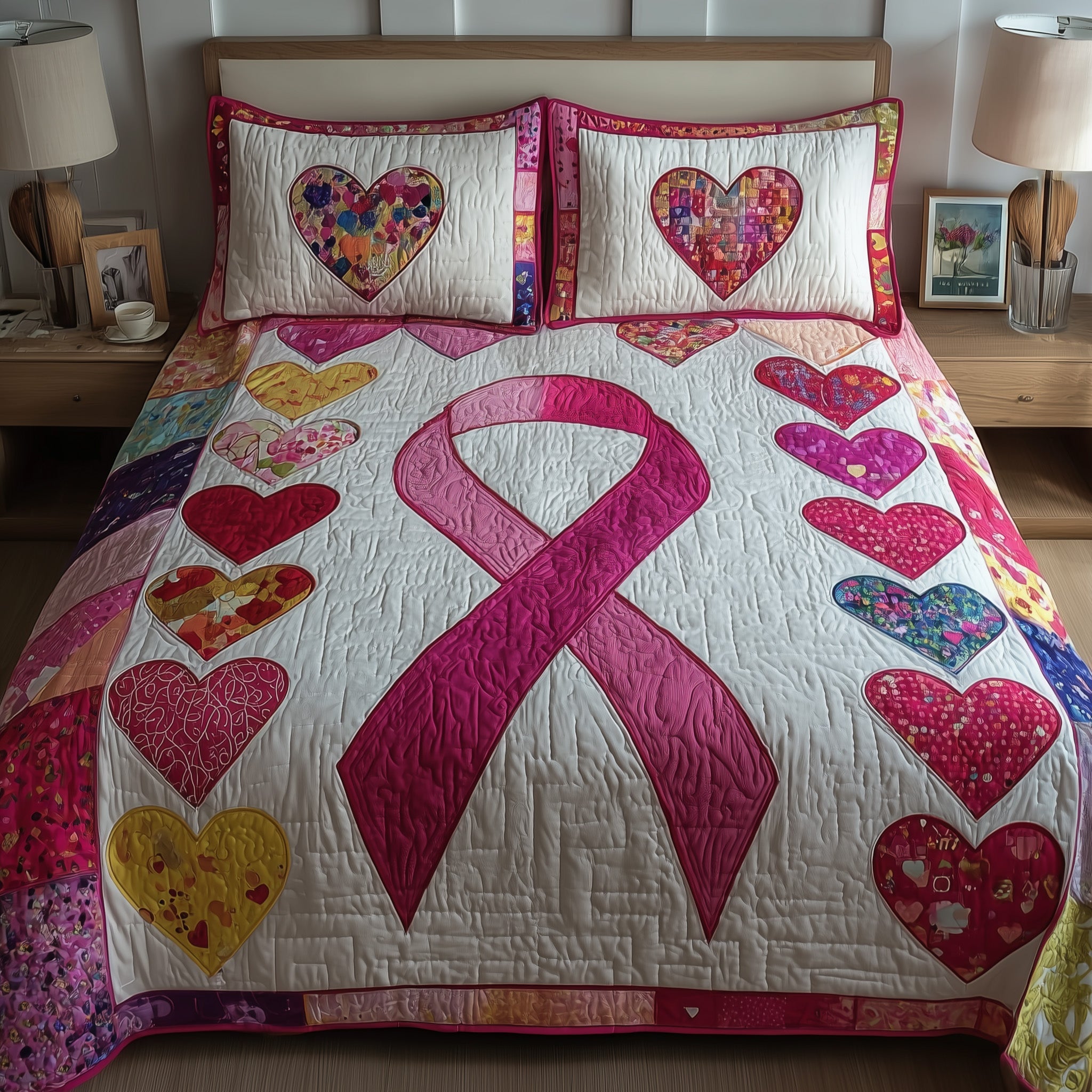 Breast Cancer Ribbon Quilted Bedding Set Duvet Cover Bedspread Gifts For Patients Female