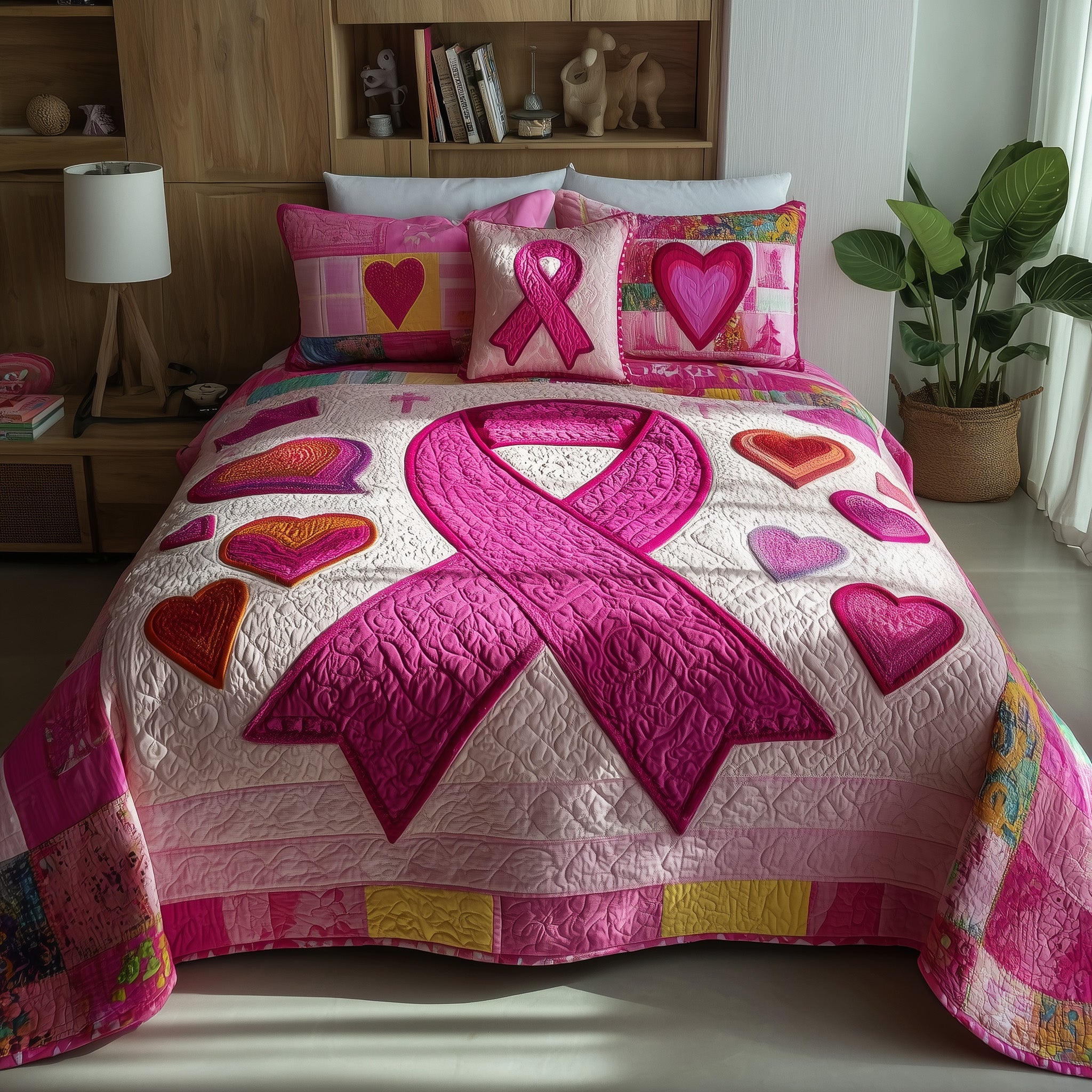 Breast Cancer Ribbon Quilted Bedding Set Duvet Cover Bedspread Gifts For People With Cancer
