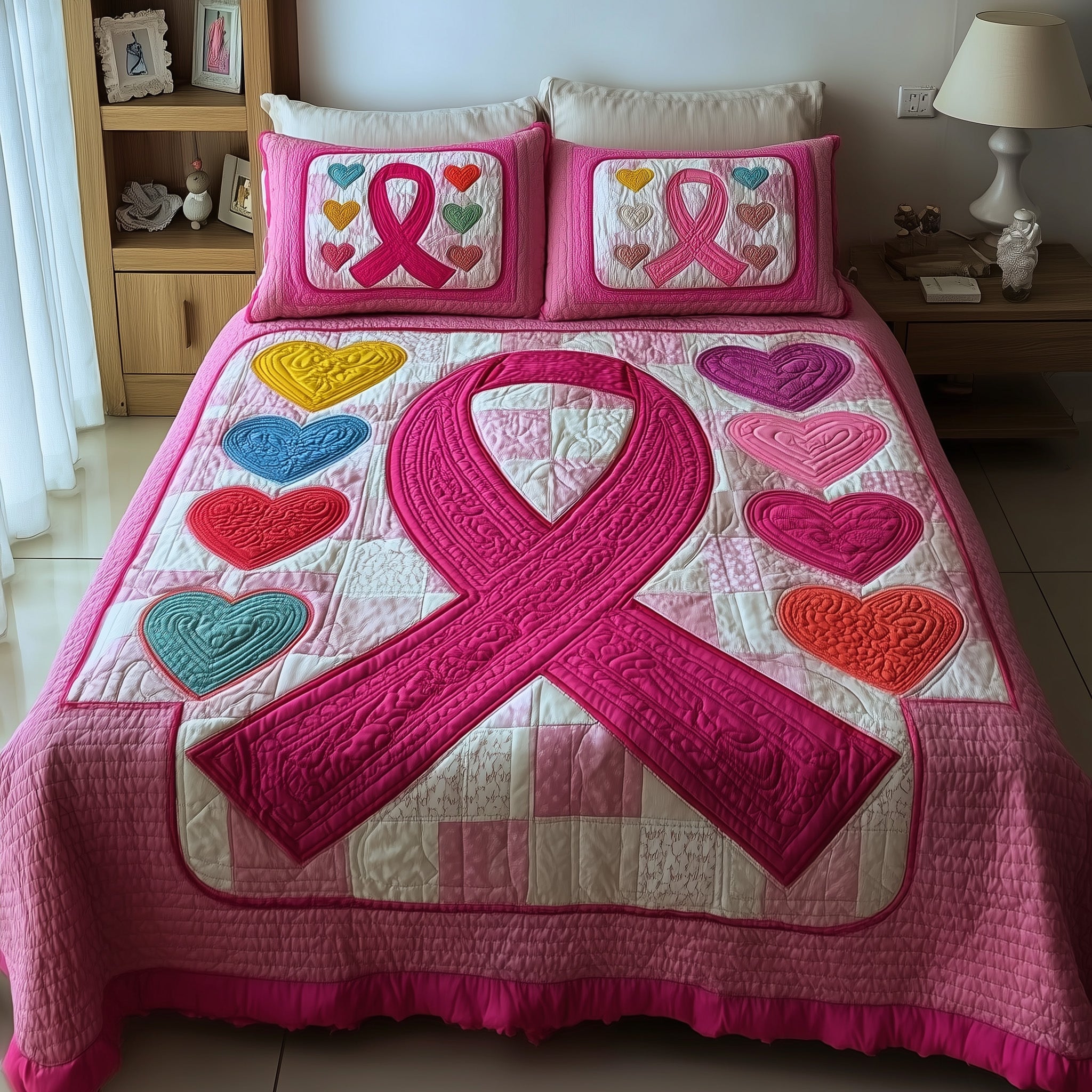 Breast Cancer Ribbon Quilted Bedding Set Duvet Cover Bedspread Gifts For Women With Breast Cancer