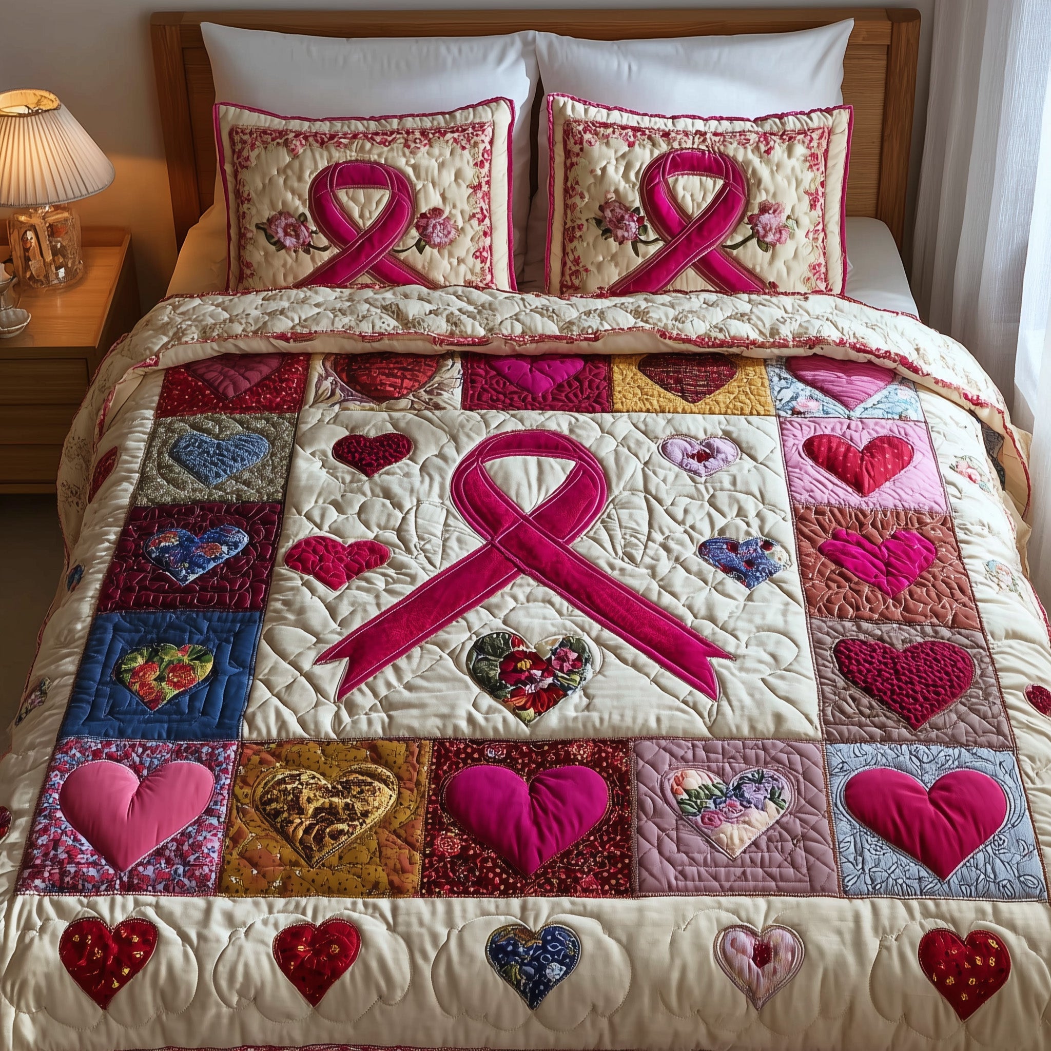 Breast Cancer Ribbon Quilted Bedding Set Modern Design