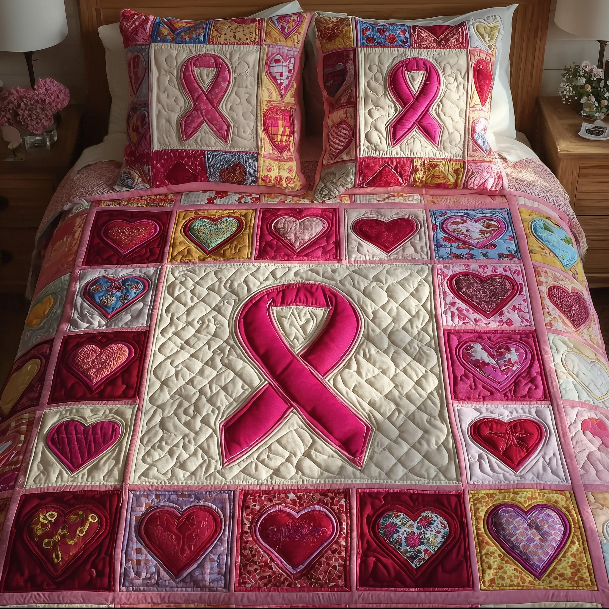 Breast Cancer Ribbon Quilted Bedding Set Solid Color