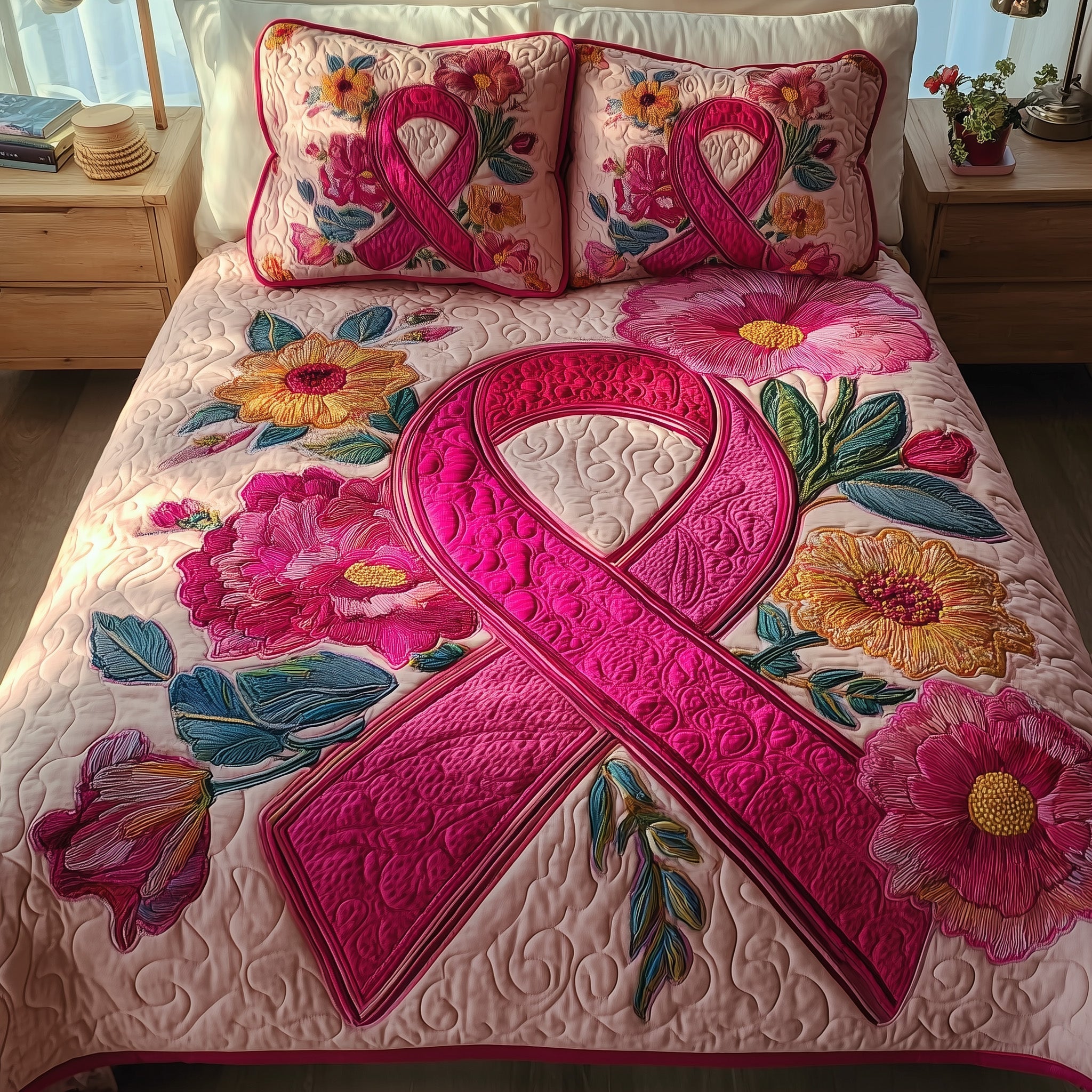 Breast Cancer Ribbon Quilted Bedding Set Striped Design
