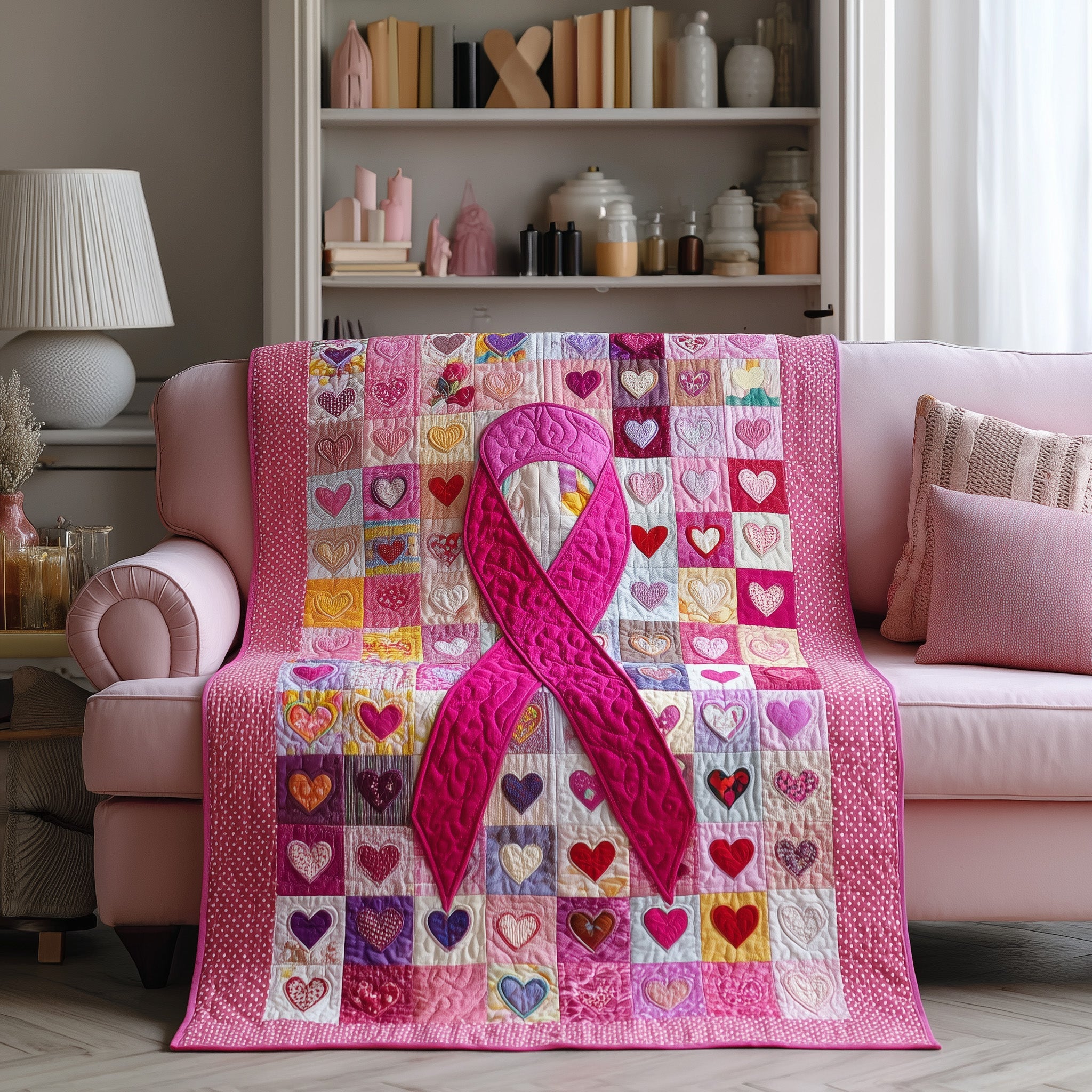 Breast Cancer Ribbon Quilted Blanket Sofa Throw BlanketGift Ideas For Cancer Patients