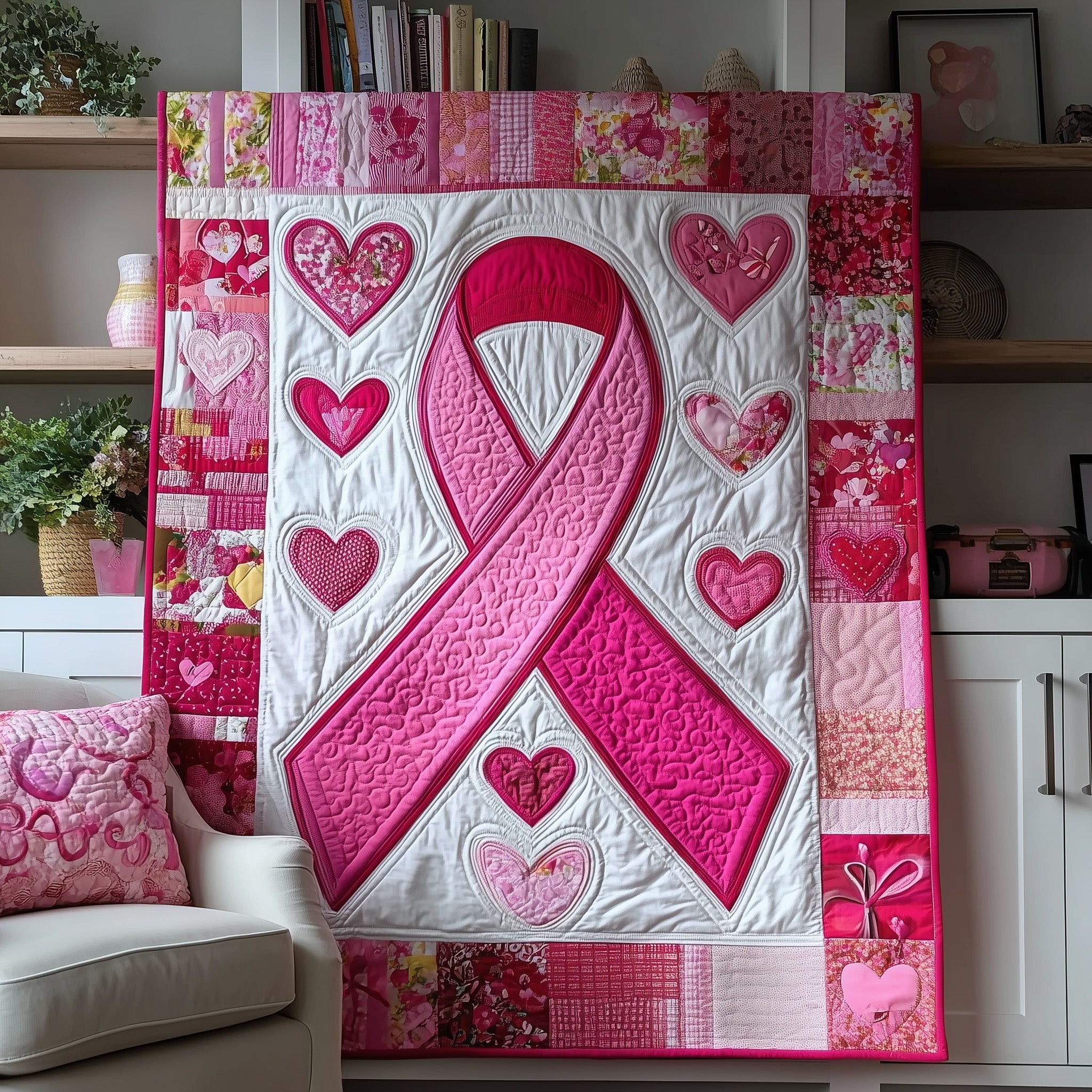 Breast Cancer Ribbon Quilted Blanket Sofa Throw BlanketGifts For People With Cancer