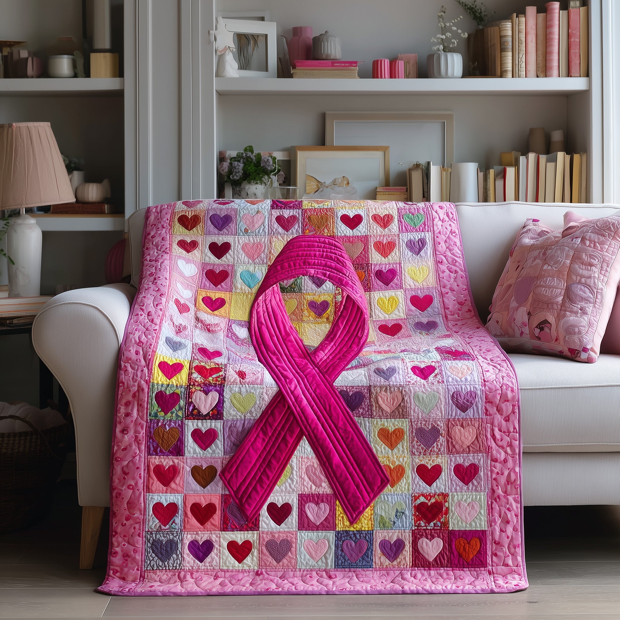 Breast Cancer Ribbon Quilted Blanket Sofa Throw BlanketGifts For Someone With Cancer