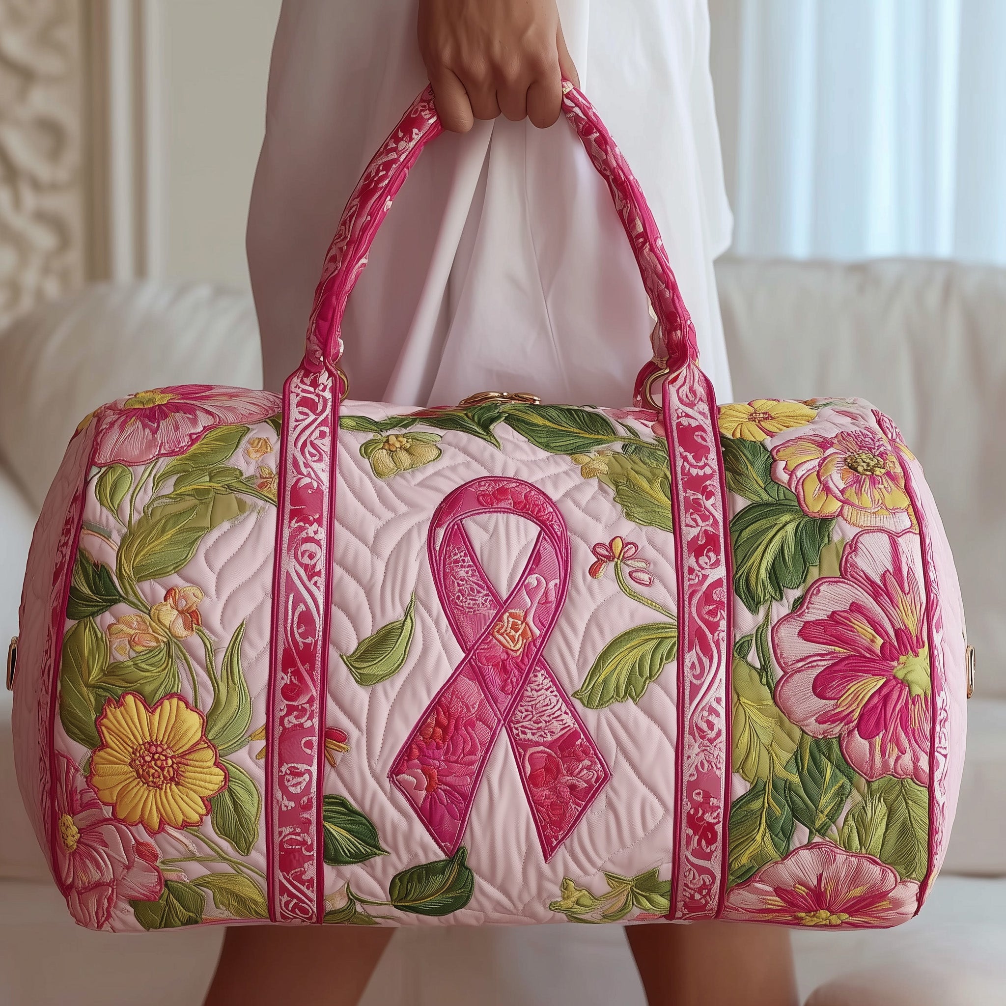 Breast Cancer Ribbon Quilted Duffle Bag Anniversary Gift Idea