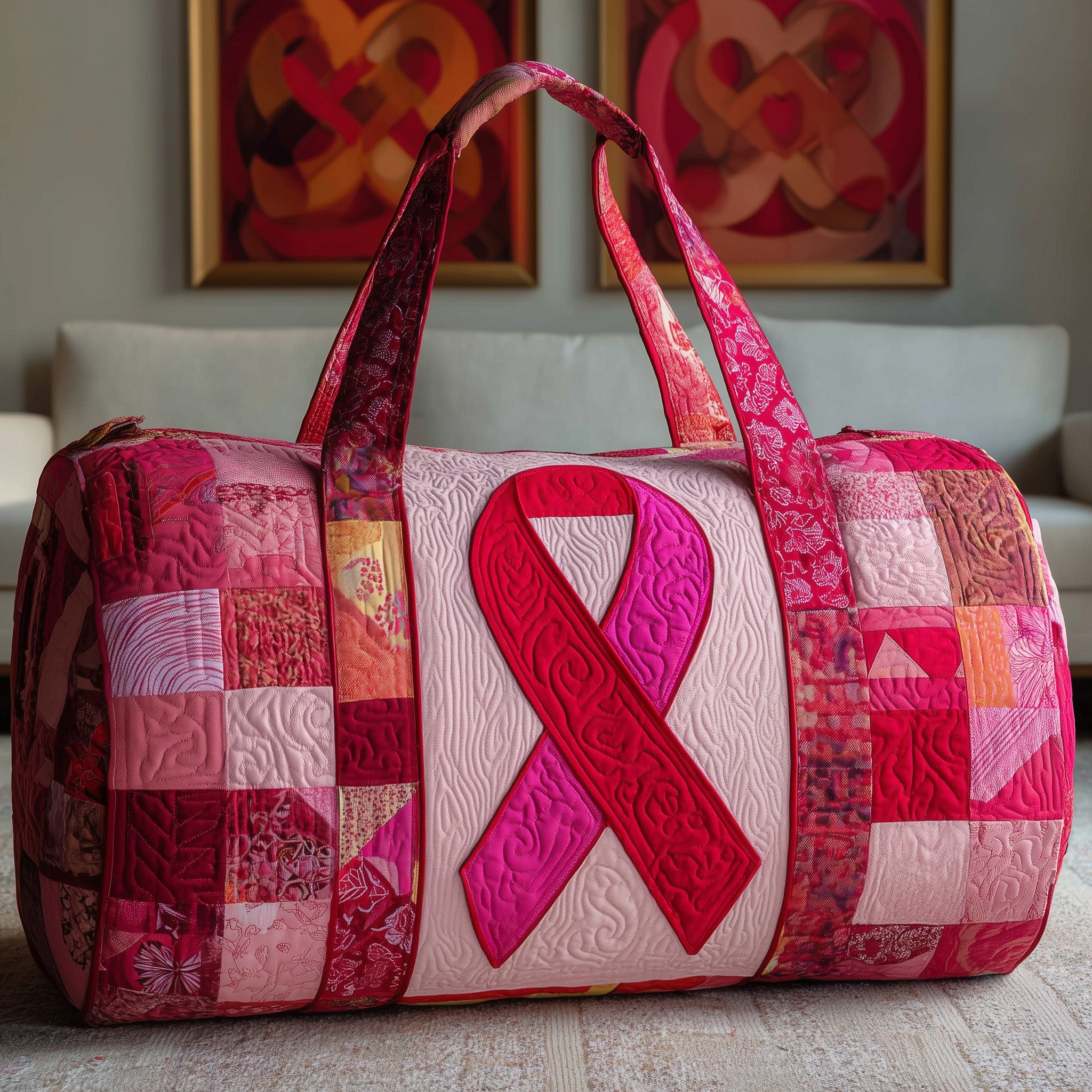 Breast Cancer Ribbon Quilted Duffle Bag Fall Gift Choice