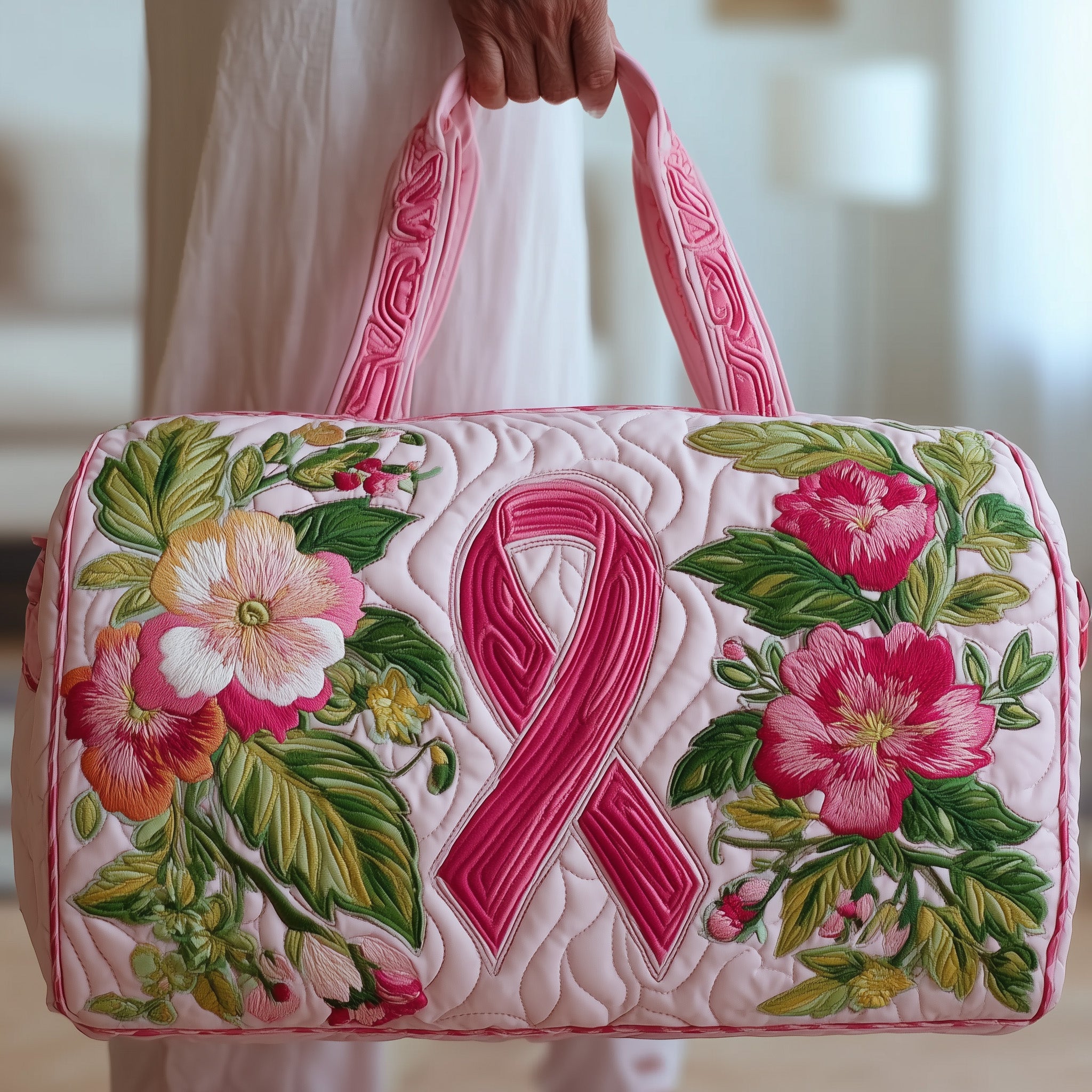 Breast Cancer Ribbon Quilted Duffle Bag Gift For Her