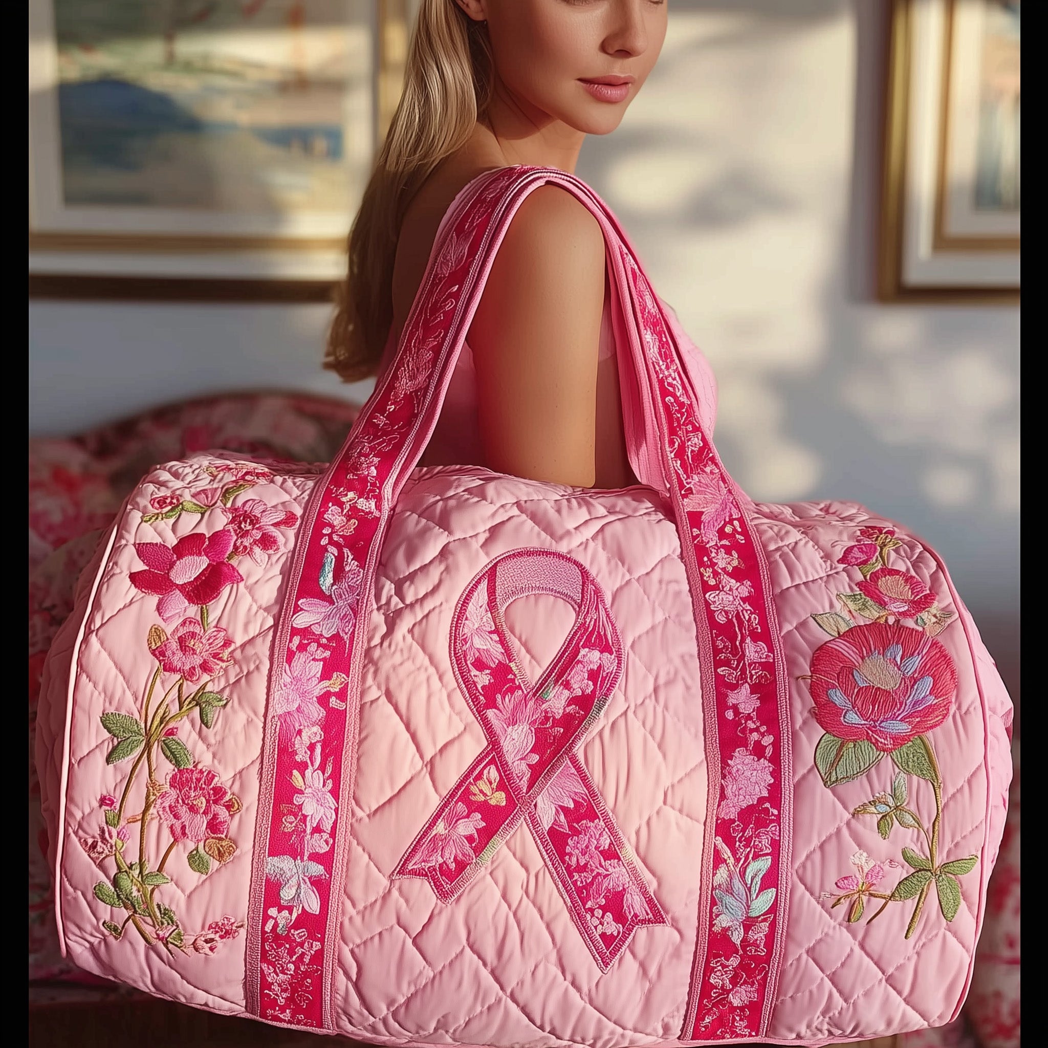 Breast Cancer Ribbon Quilted Duffle Bag Summer Vacation Essential