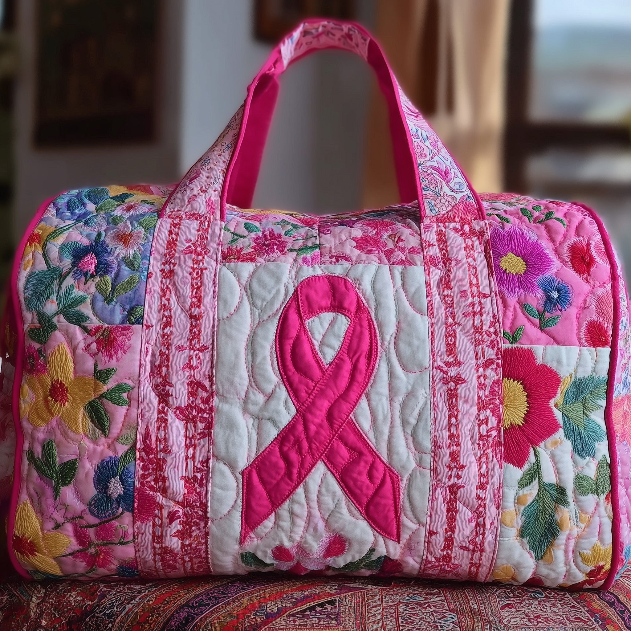 Breast Cancer Ribbon Quilted Duffle Bag Winter Season Must Have