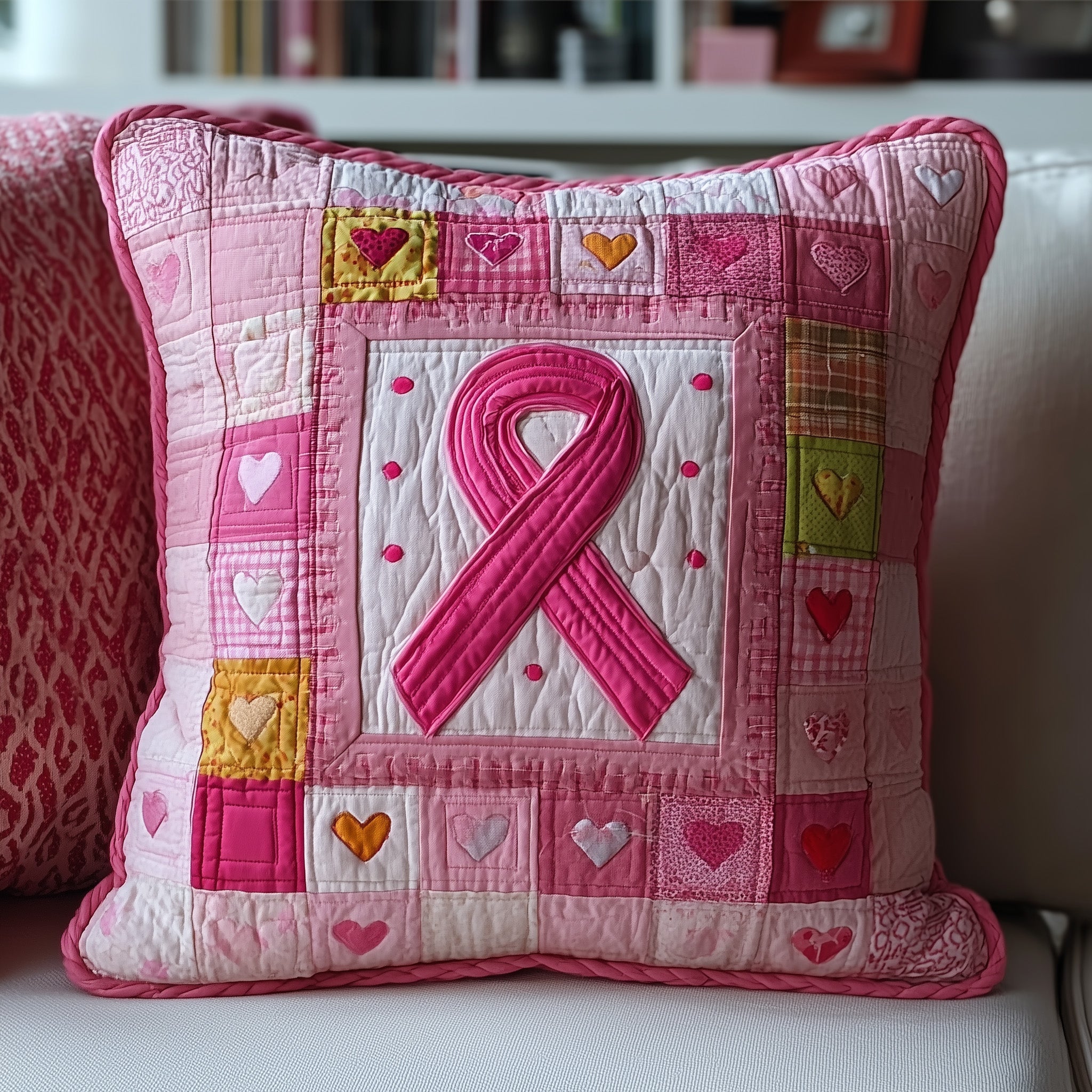 Breast Cancer Ribbon Quilted Pillow Case Christmas Gift