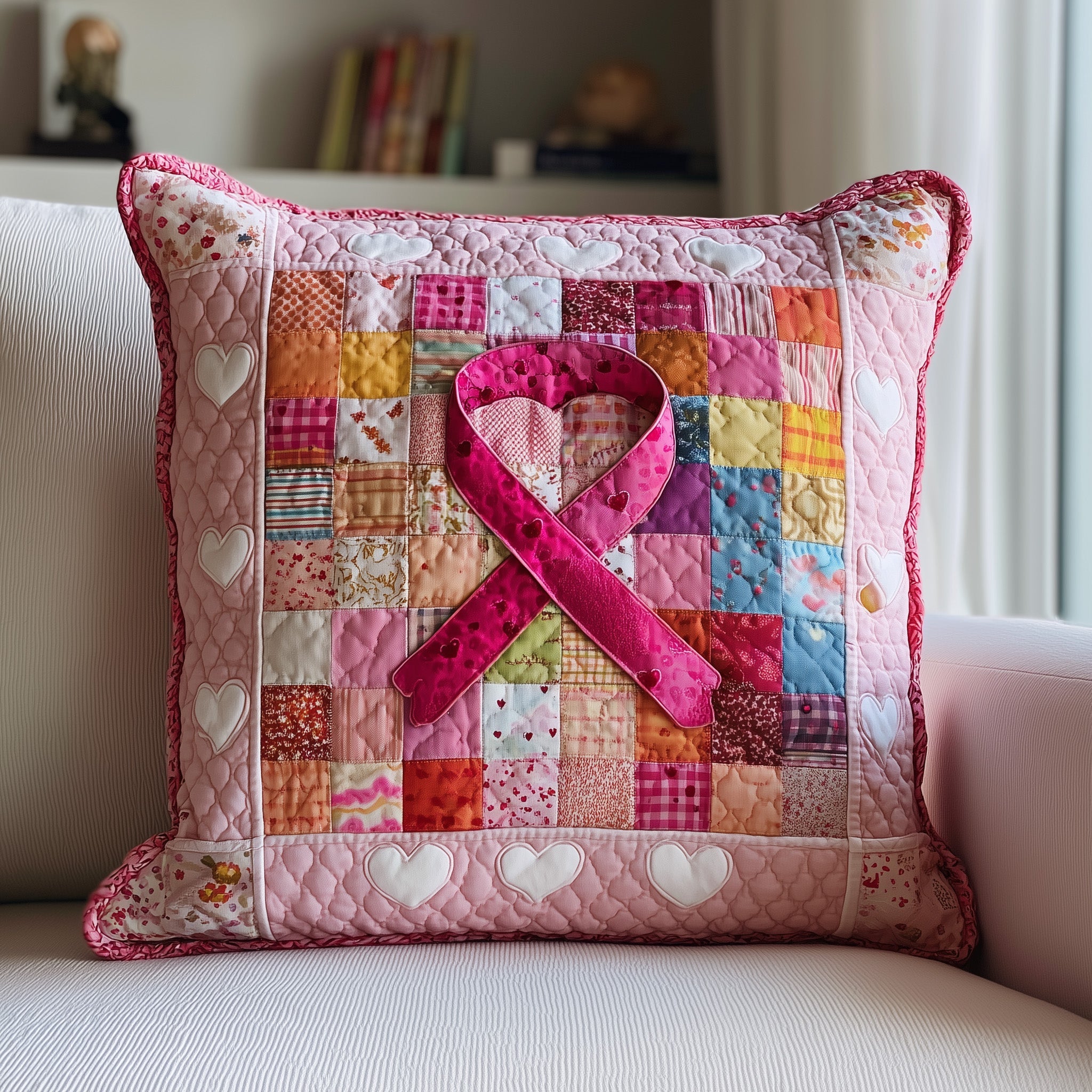Breast Cancer Ribbon Quilted Pillow Case Gift For Kids(2)