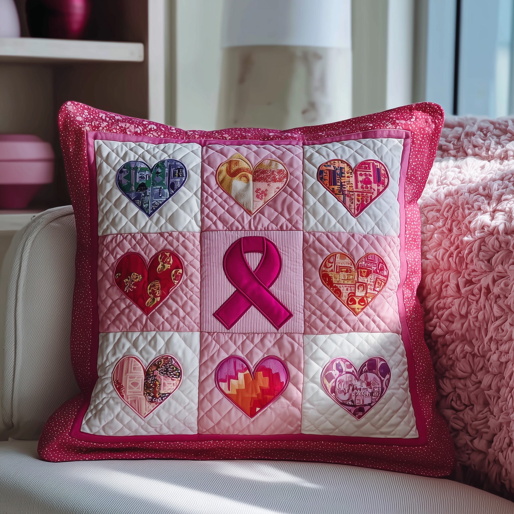 Breast Cancer Ribbon Quilted Pillow Case Gift For Kids
