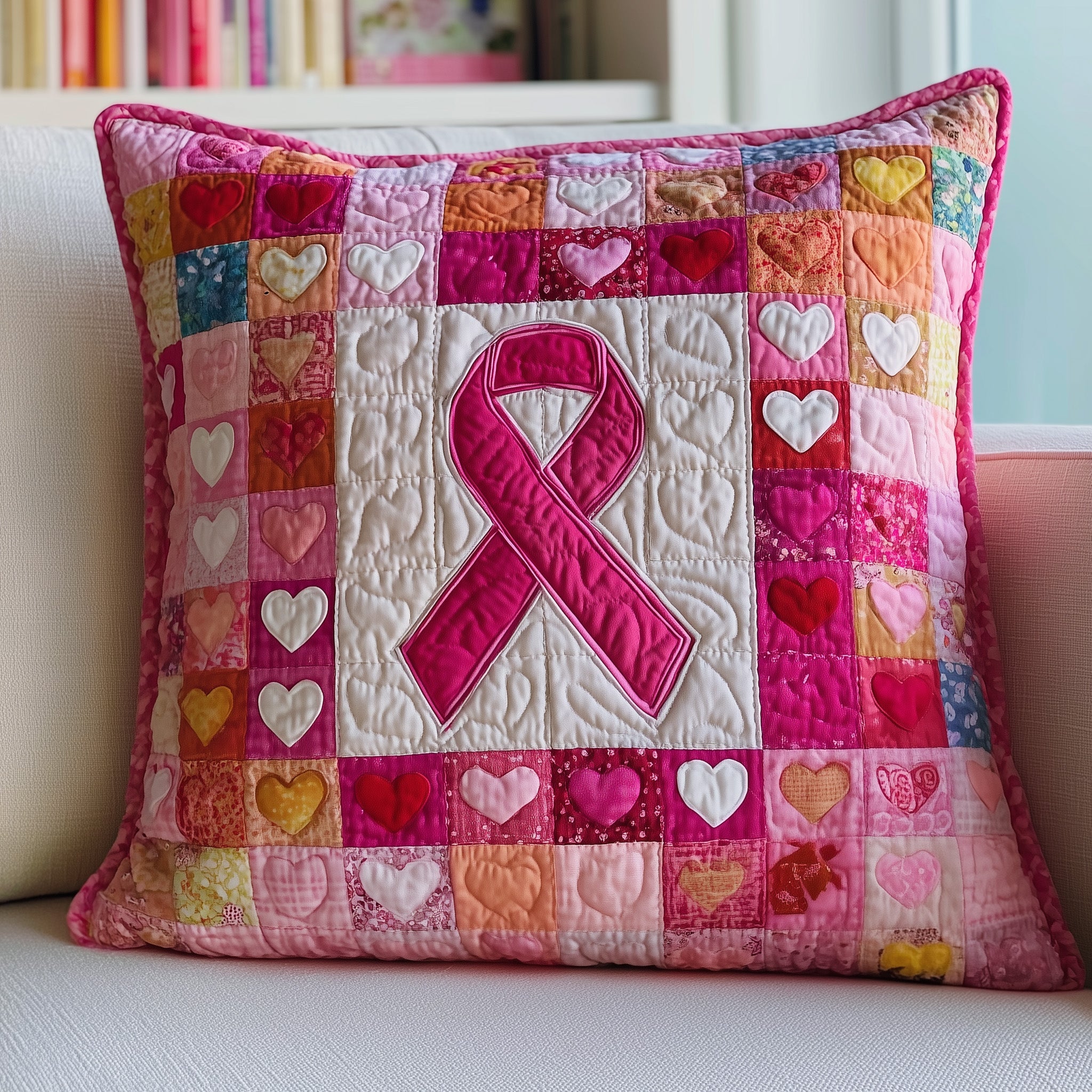 Breast Cancer Ribbon Quilted Pillow Case Gift For Mom