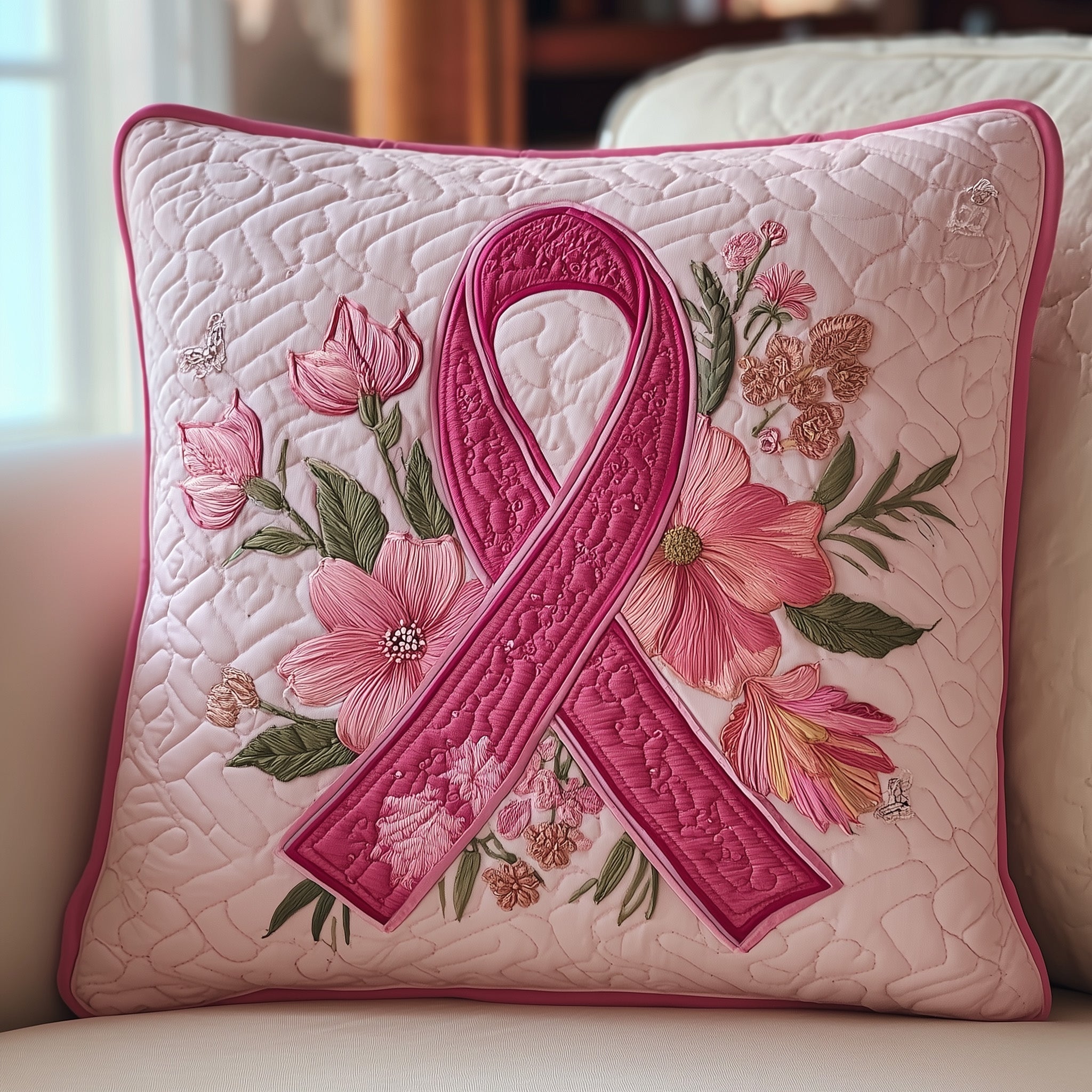 Breast Cancer Ribbon Quilted Pillow Case Throw Pillow Cover ItemBest Gift For Cancer Survivors
