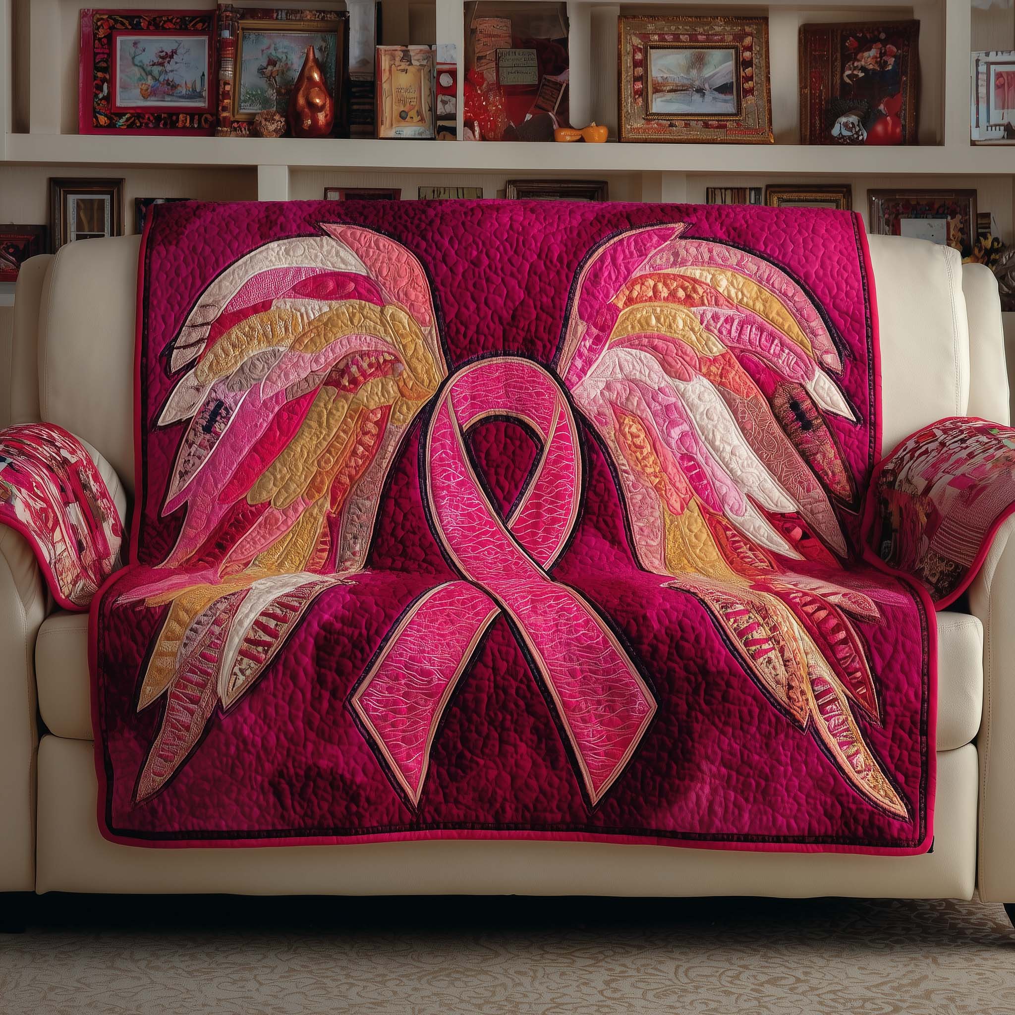 Breast Cancer Ribbon Quilted Sofa Cover Charity Ribbon Pattern Accent Breast Cancer Survivor Gifts