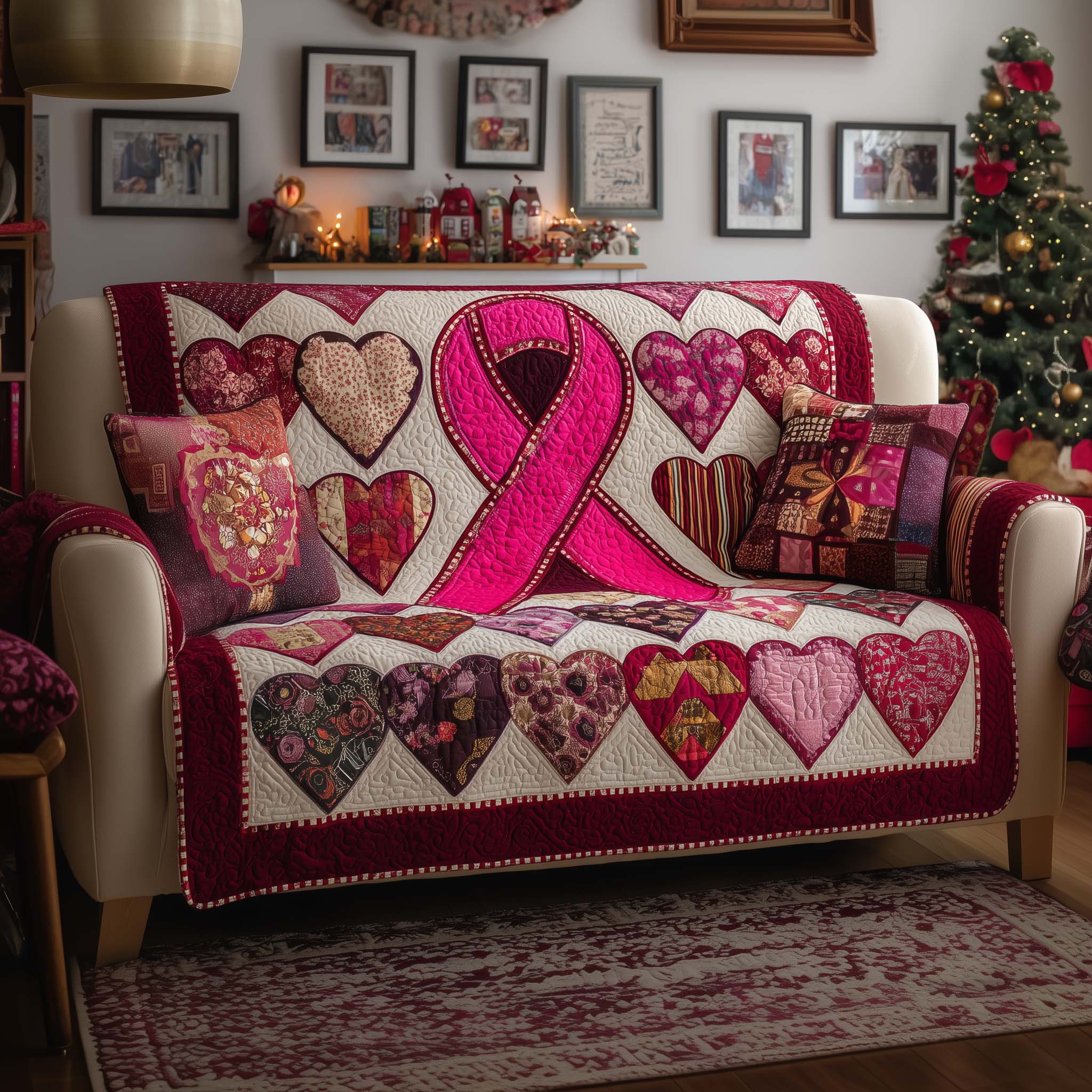 Breast Cancer Ribbon Quilted Sofa Cover Hope and Strength Ribbon Design Breast Cancer Survivor Gifts