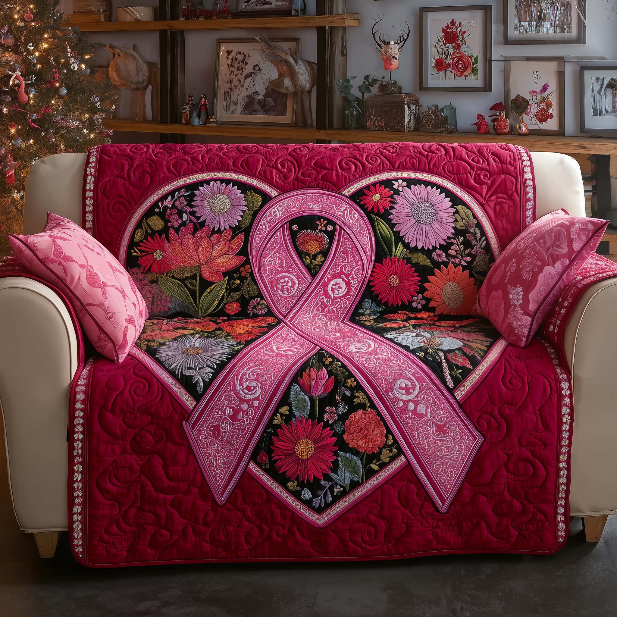 Breast Cancer Ribbon Quilted Sofa Cover Pink Ribbon Awareness Breast Cancer Survivor Gifts
