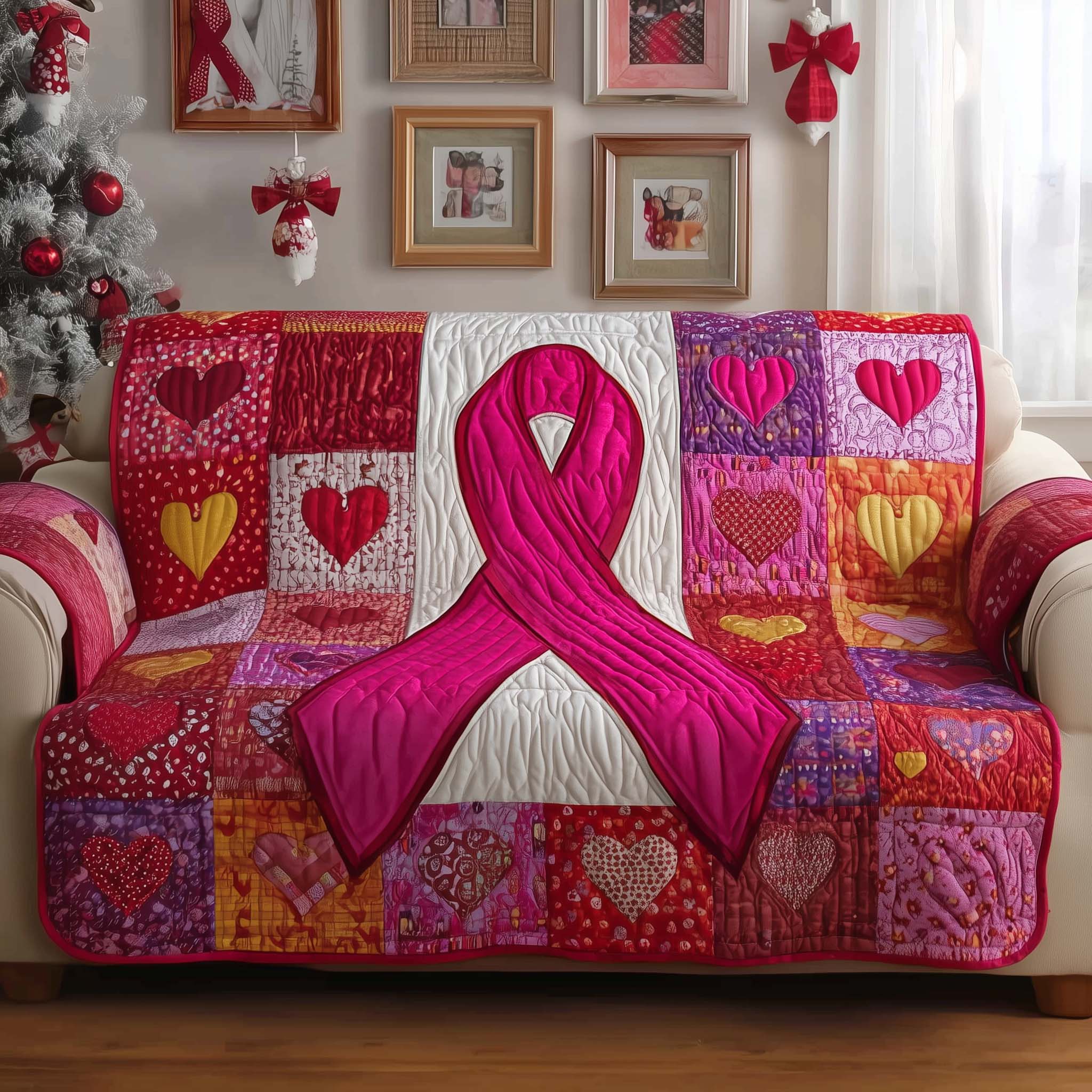 Breast Cancer Ribbon Quilted Sofa Cover Survivor Ribbon Quilted Cover Breast Cancer Survivor Gifts