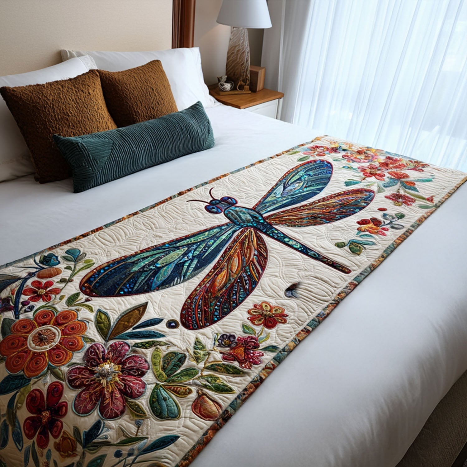 Breeze of Wings Quilted Bed Runner Bedroom Decor Great Dragonfly Lover Gift Ideas
