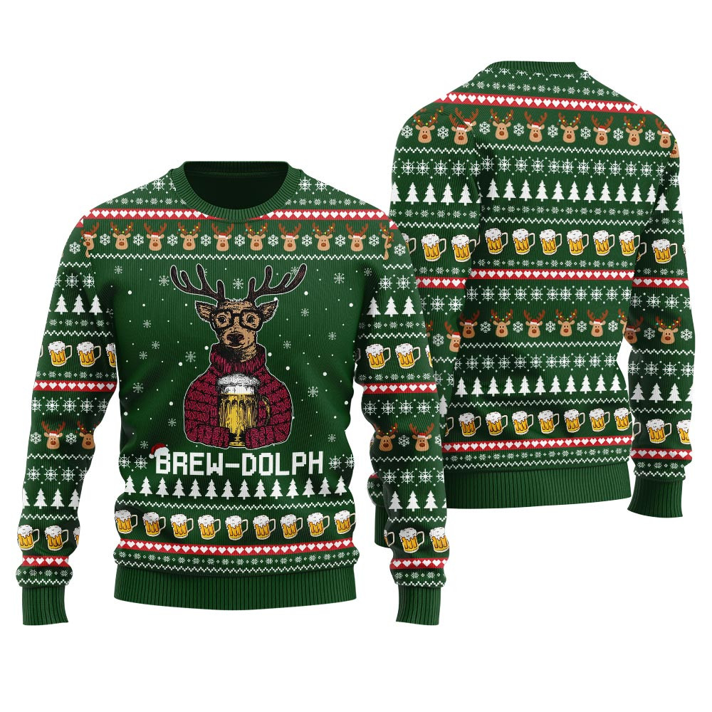 Brewdolph Drinking Beer Ugly Christmas Sweater Perfect Gift Sweater for Friends and Family