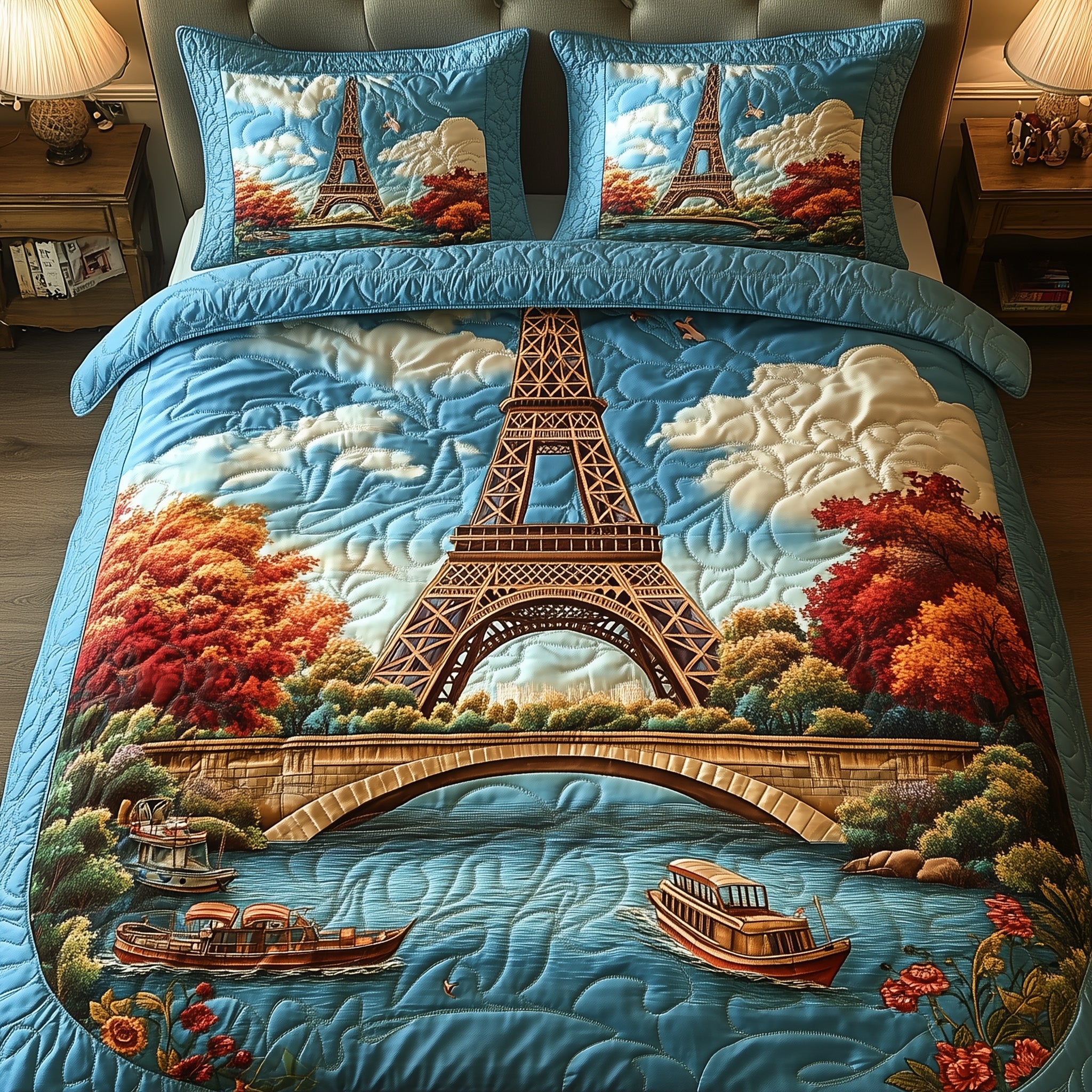 Bridge to the Eiffel Quilted Bedding Set Duvet Cover Bedspread Meaningful Gift Ideas For Boyfriend
