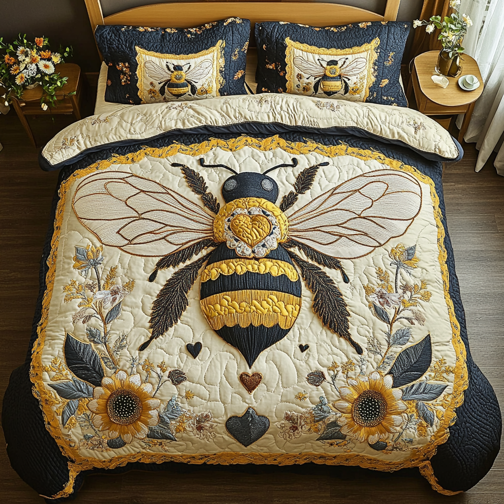 Bright Bee Quilted Bedding Set Bedroom Decorations Bee Gifts For Men