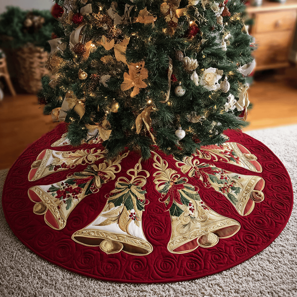 Bright Bells Christmas Quilted Tree Skirt Winter Home Decor Christmas Gift Ideas