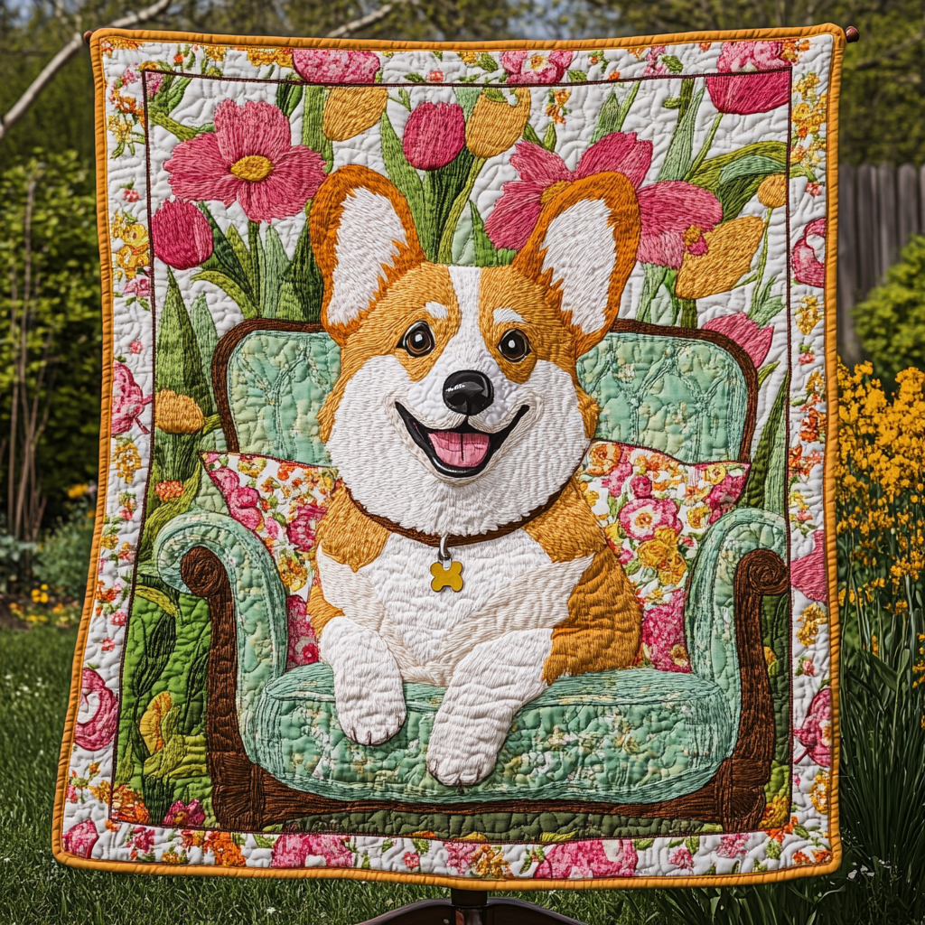 Bright Blooms and Corgi Smiles Quilted Blanket Dog And Owner Gift Ideas