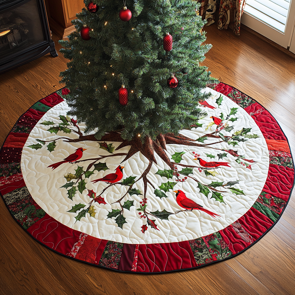 Bright Cardinal Blessings Christmas Quilted Tree Skirt Christmas Holiday Decor Home