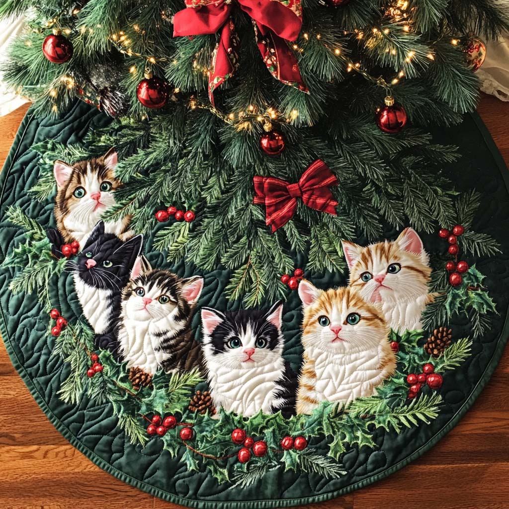 Bright Cat Joy Christmas Quilted Tree Skirt Soft Quilted Tree Skirt Gift for Comfortable Festive Home