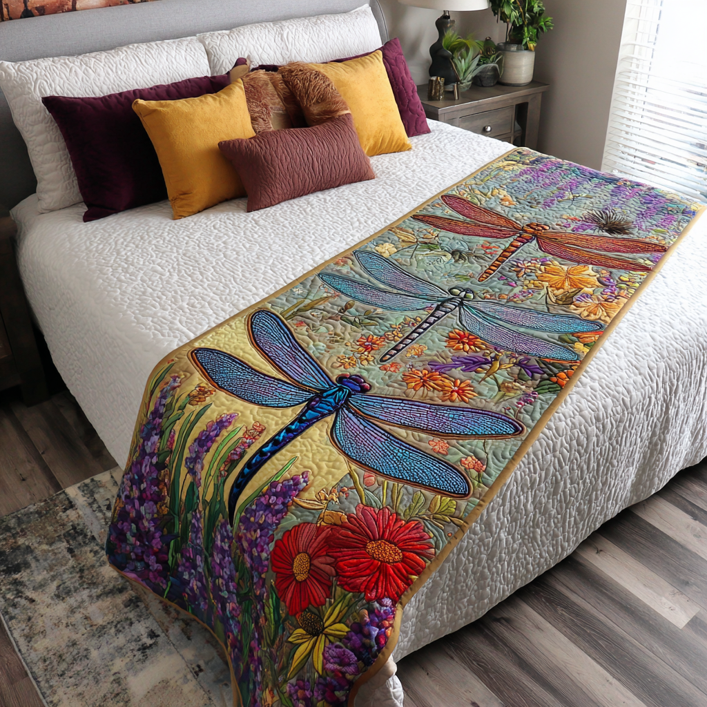 Bright Dragonfly Quilted Bed Runner Bed Decorations Dragonfly Themed Gifts