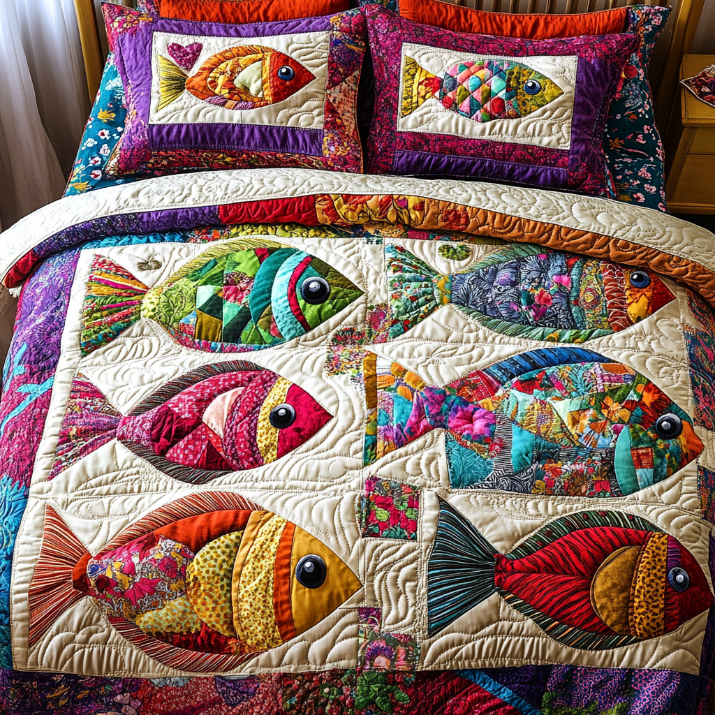 Bright Fish Tales Quilted Bedding Set Best Bedspread Set Gift Ideas For Fishing Lovers
